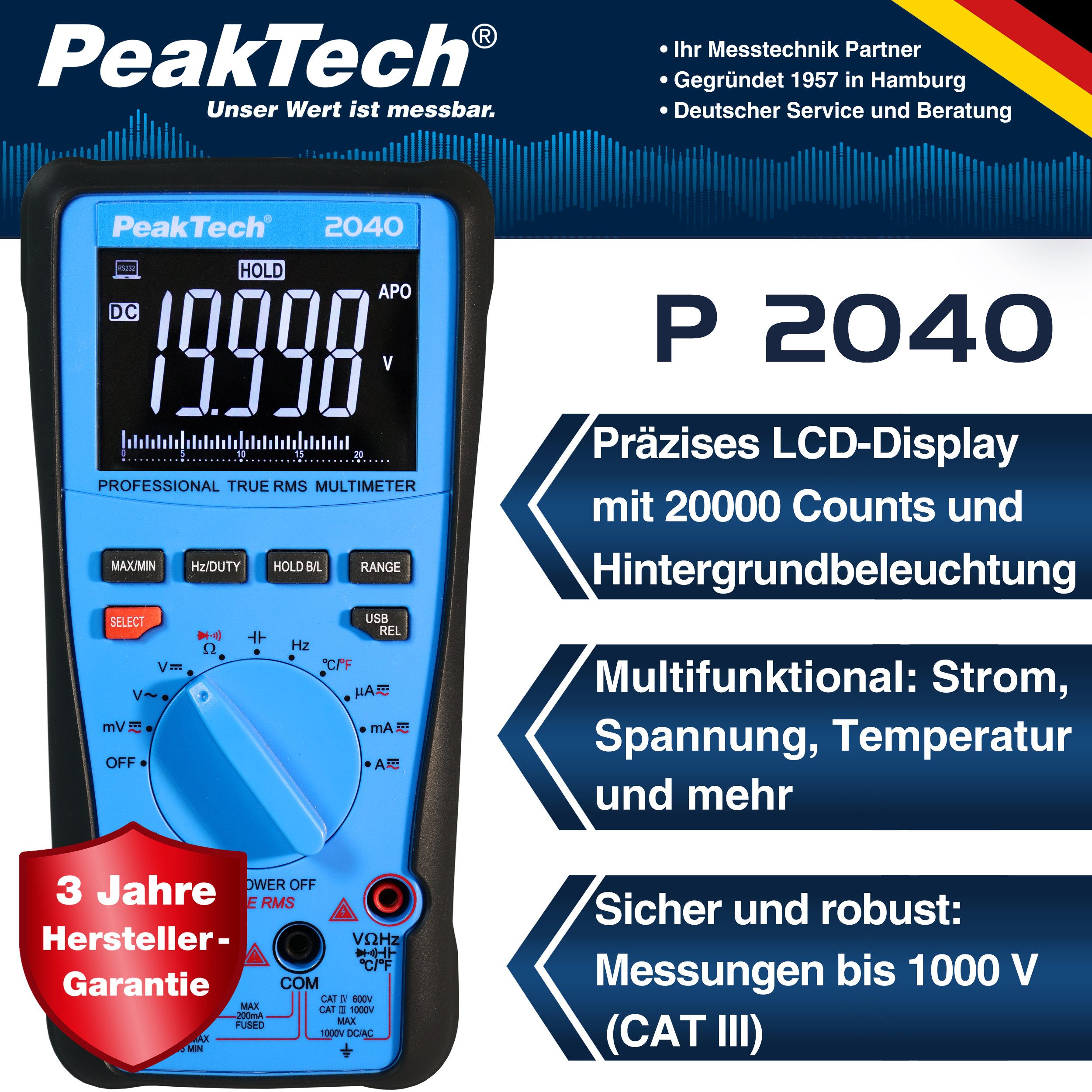 PeakTech Multimeter True RMS Digitalmultimeter 1000V 20A 20000 Counts USB