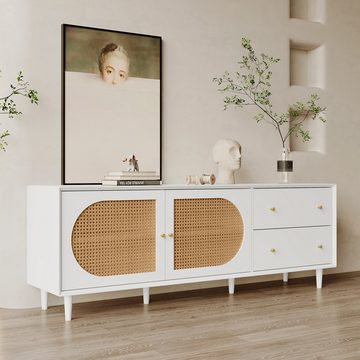 IDEASY TV-Schrank Sideboard, Beistellschrank,Beine aus Massivholz, (2 Schubladen, 2 Türen, Rattan-Design, Für Wohnzimmer, Schlafzimmer) bietet Platz für einen Fernseher der Größe 80 Zoll