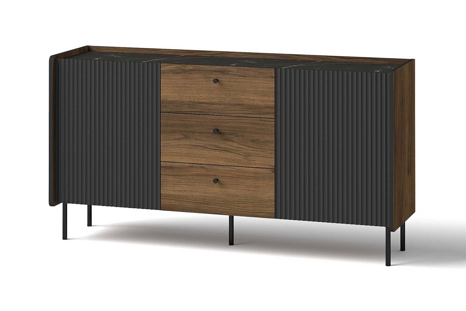 Feldmann-Wohnen Sideboard Pereto (mit Türen, mit Einlegeböden, mit Schubladen, 1 St., moderne Optik, mit Türen, mit Schubladen), 150x40x78cm Warmia Nussbaum schwarz matt 2-türig