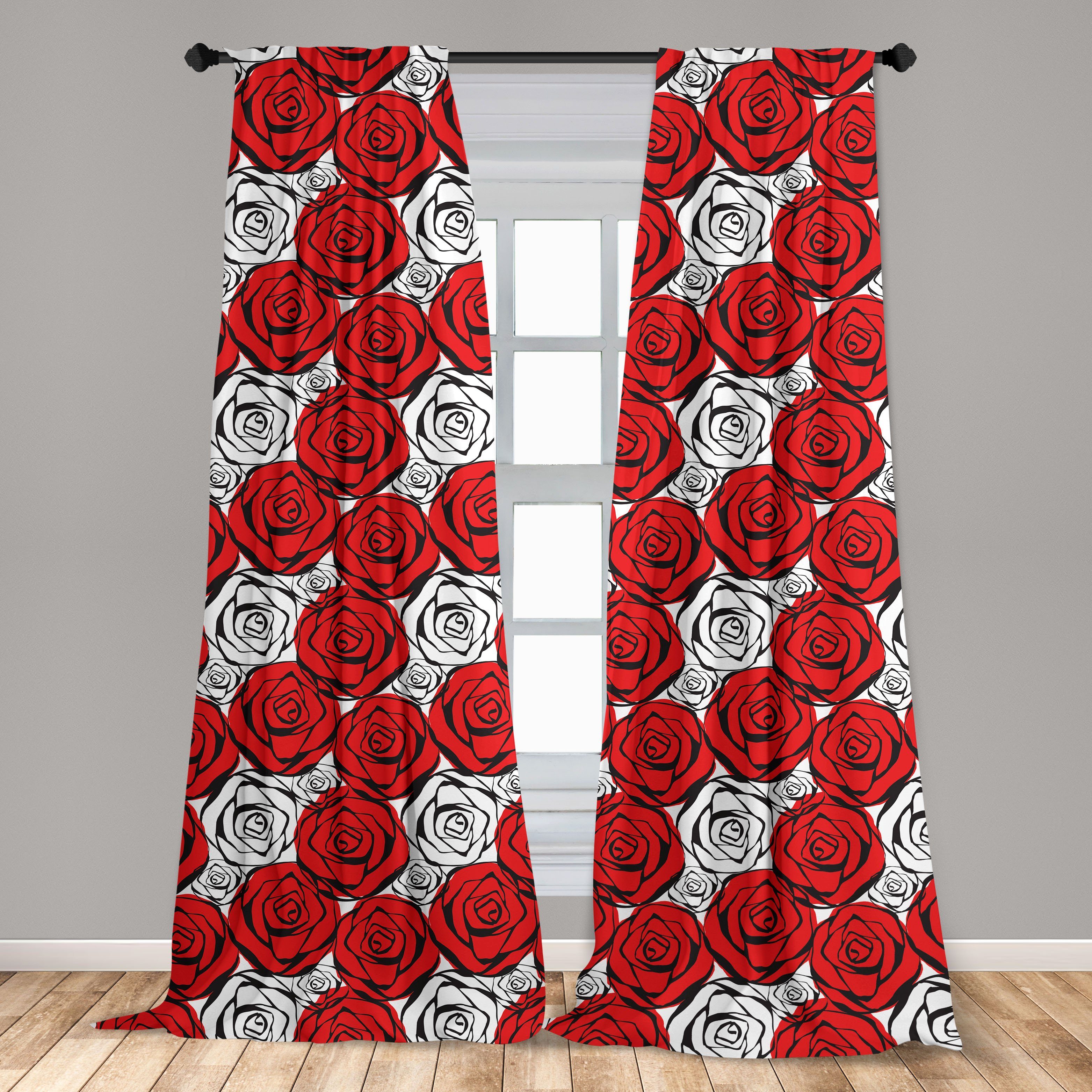 Gardine Vorhang für Wohnzimmer Schlafzimmer Konturen und Dekor, Roses Abakuhaus, Schwarz Rot Microfaser