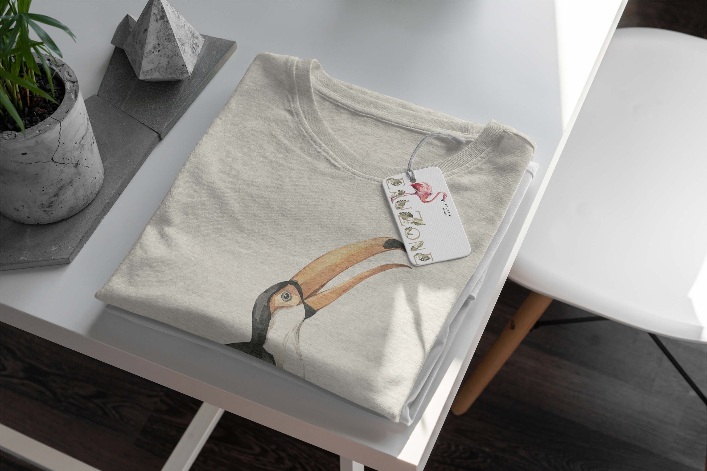 Sinus Art T-Shirt Herren Shirt Organic T-Shirt Aquarell Motiv Tukan Vogel Bio-Baumwolle Ökomode Nachhaltig Farbe (1-tlg)