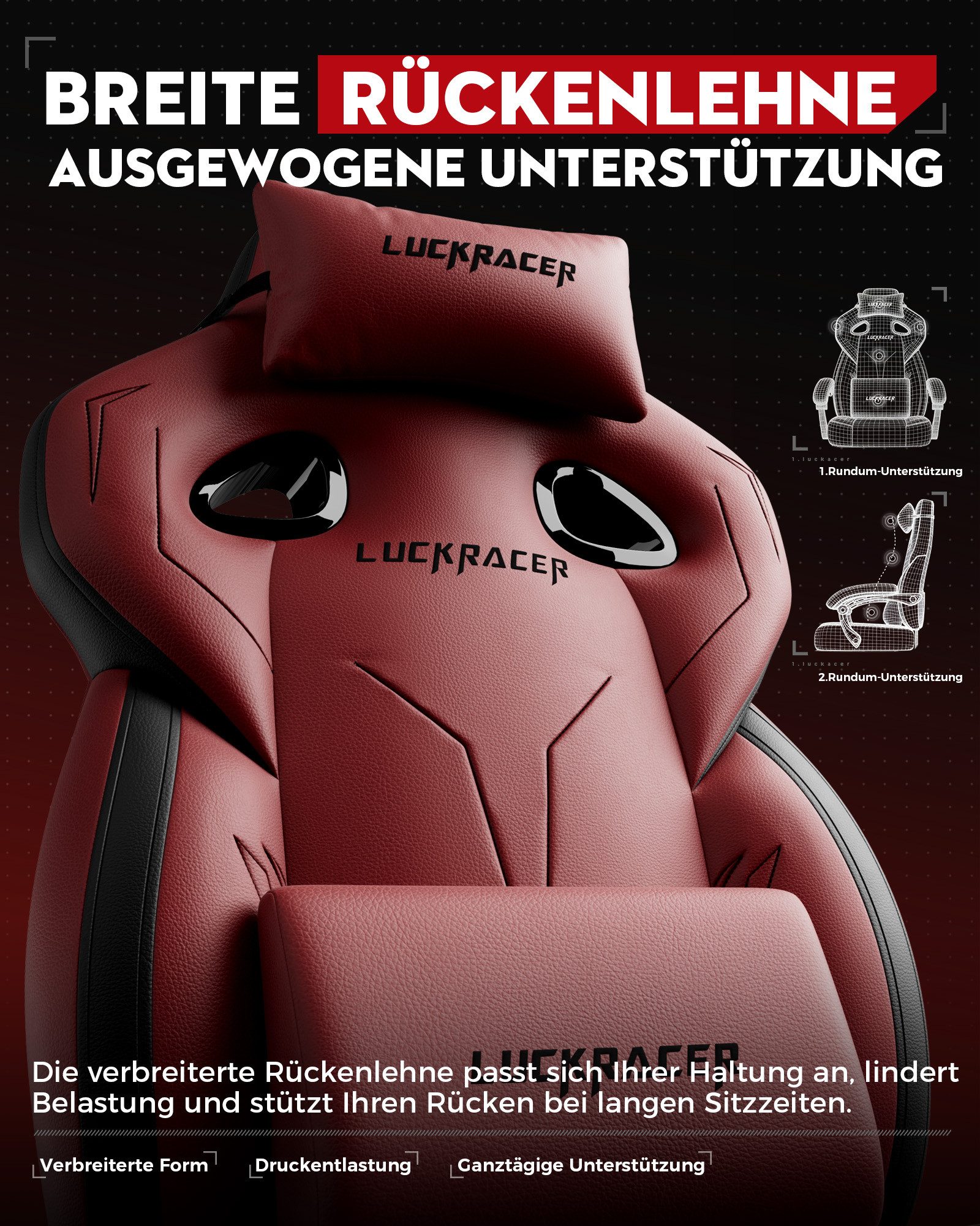 LUCKRACER Gaming-Stuhl Stoff/Kunstleder, Bürostuhl mit verbundenen Armlehnen, Memory-Schaum, 90–155° Neigungswinkel und Fußstütze – Bild 5 von 5