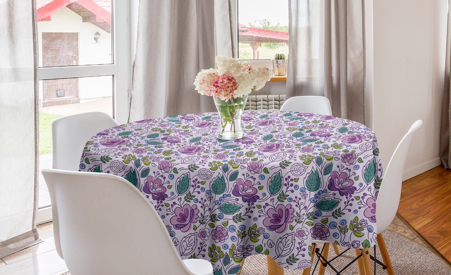 Dekoration, Küche Tischdecke Botanisch mit Blumen Tischdecke für blauen Esszimmer Abdeckung Kreis Beeren Abakuhaus