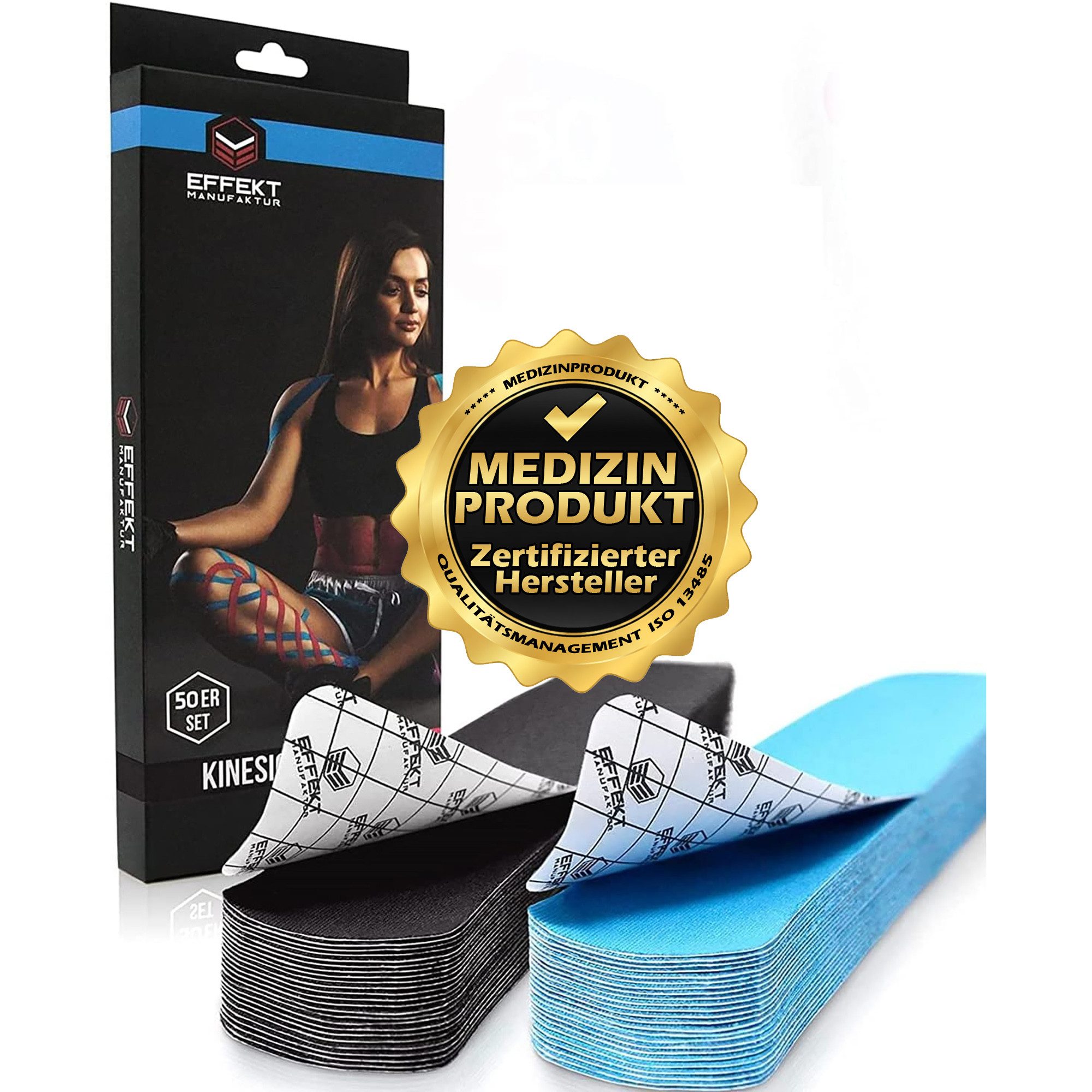 Effekt Manufaktur Kinesiologie-Tape PRECUT 25x5cm - blau/schwarz (2x25 Streifen) (50-St) 50-60 % Dehnbarkeit