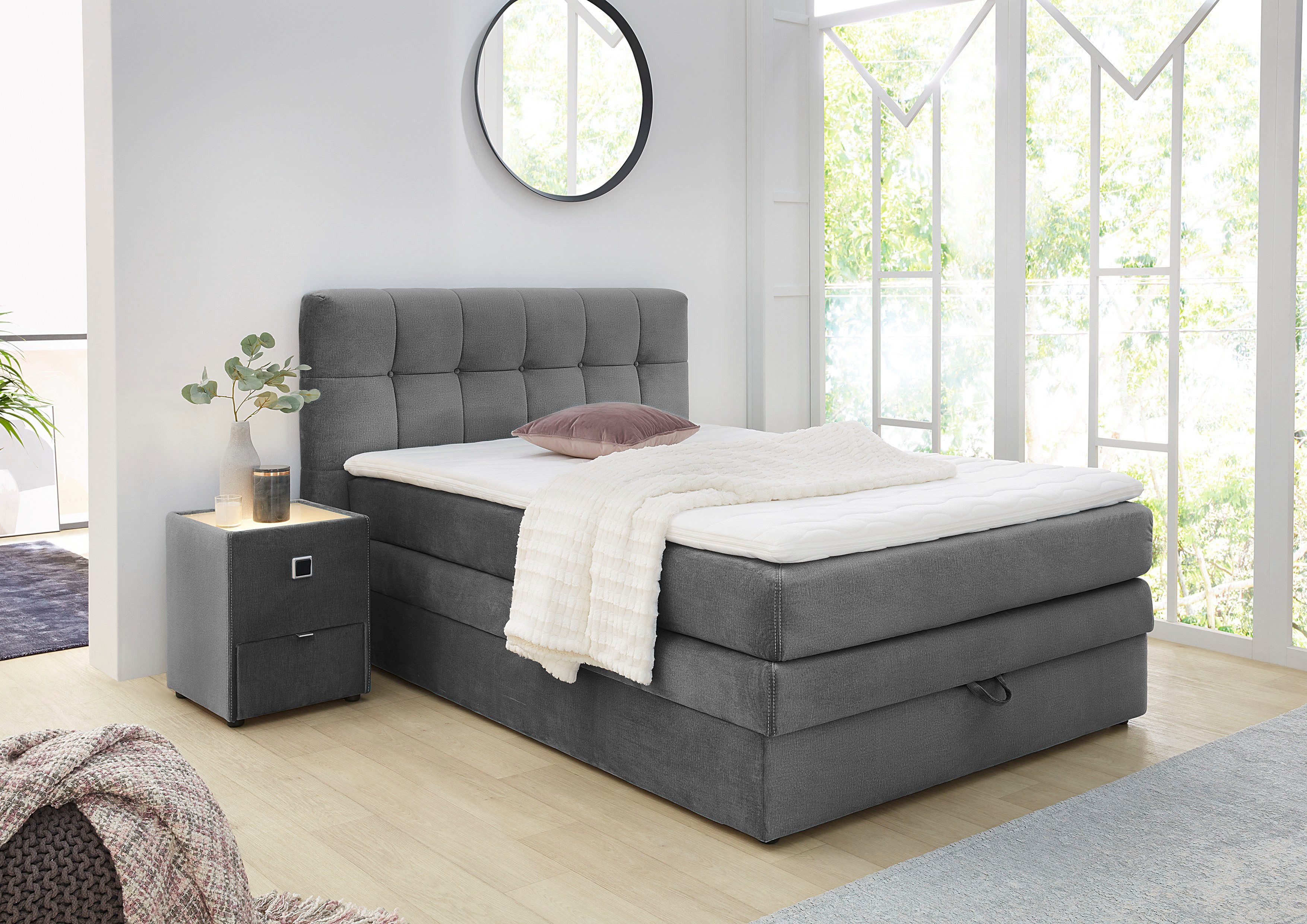 Jockenhöfer Gruppe Boxspringbett AMY in Samt, erhältlich in den Breiten 120cm & 140cm, mit Bettkasten und Topper