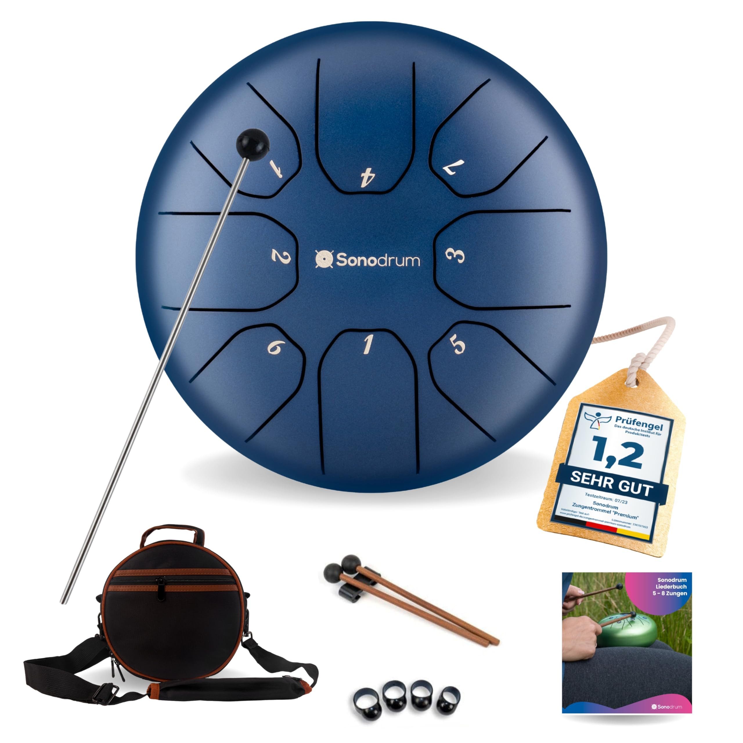 Sonodrum Steel Tongue Drum Zungentrommel "Standard" C - Dur- 20 cm klein mit 8 Tönen,- Steel Tongue Drum inkl. Liederbuch, Schlägel, Fingersticks und Tragetasche, - Notenlesen nicht nötig, einfach zu spielen