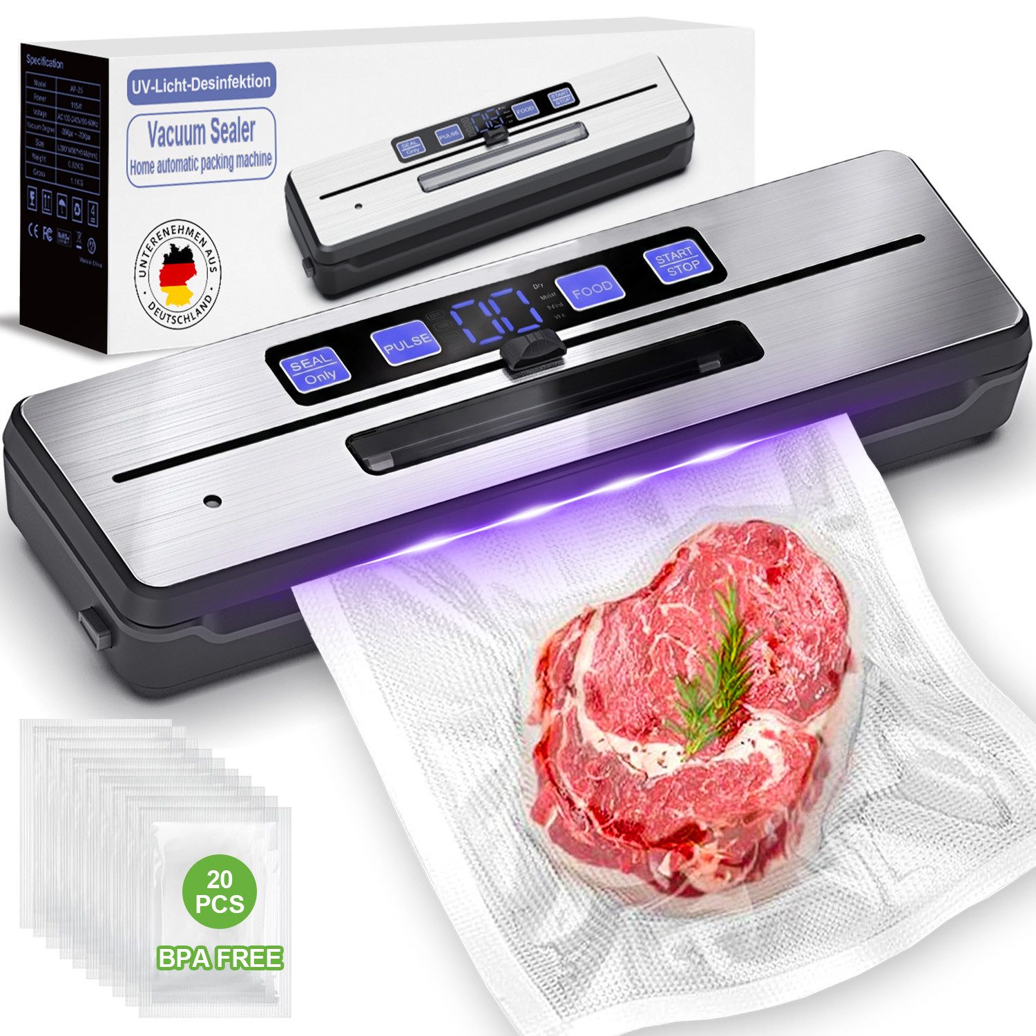 SWGOTA Vakuumierer 7 in 1 Vakuumiergerät 115W, bis -90 kPa, 4 L/min für längere Frische, Rollenbreite 30 cm, 115W, Folienschweißgerät mit UV-Licht-Desinfektion und 30 cm Schweißnaht