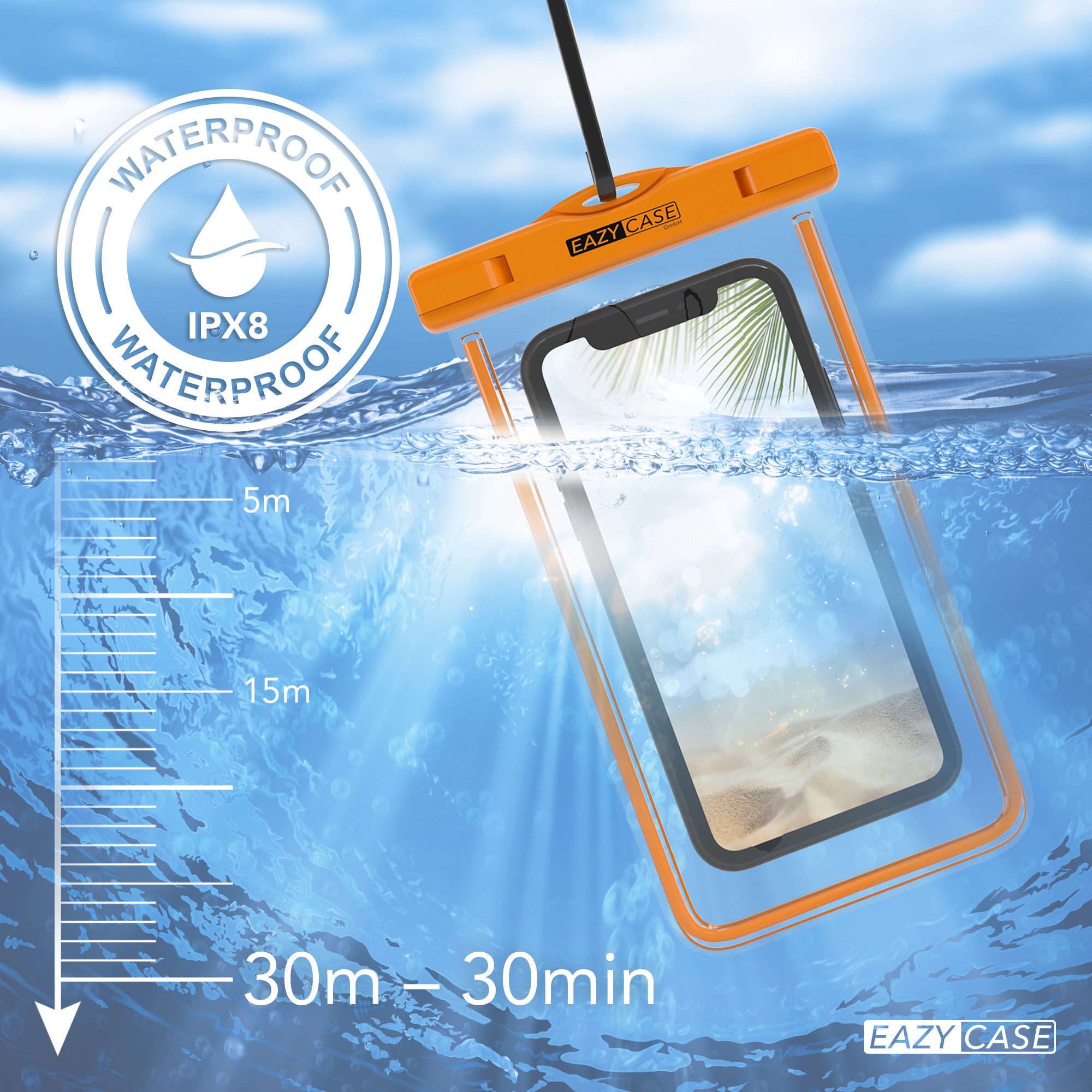 EAZY CASE Handyhülle Universale Unterwasser-Tasche für viele Modelle 3,5 - 6,7 Zoll, wasserdichte Schutzhülle Handytasche mit Band wasserfeste Hülle Orange – Bild 5 von 5