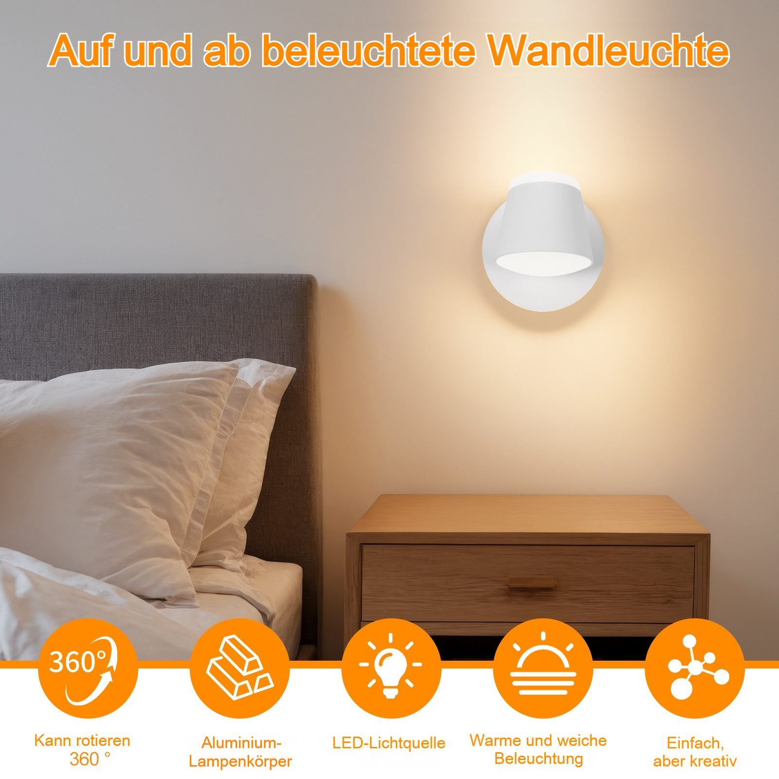 BlingBin Wandleuchte LED Wandlampe Drehbare Bettleuchte Lesen Lampe, 8W LED Wandstrahler Auf und ab Einstellbarer Lichtstrahl, LED fest integriert, warmes Licht, Wandbeleuchtung für Schlafzimmer Wohnzimmer Flur Treppenhaus