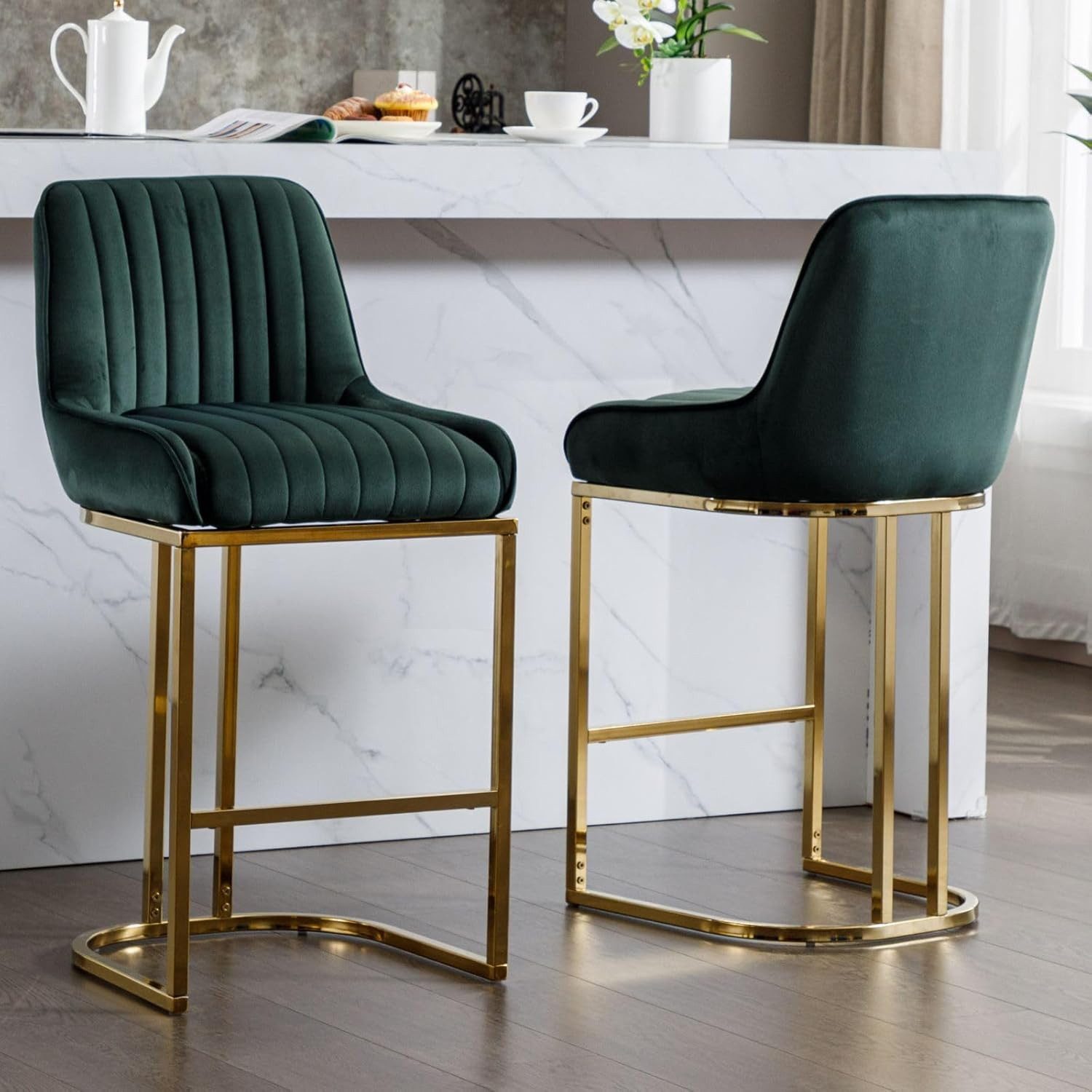 CHAIRUS Barhocker mit Goldfüßen & Rückenlehne für Kücheninsel oder Hausbar (2 St), Küchenhocker, Barstuhl, Sitzhöhe 67cm