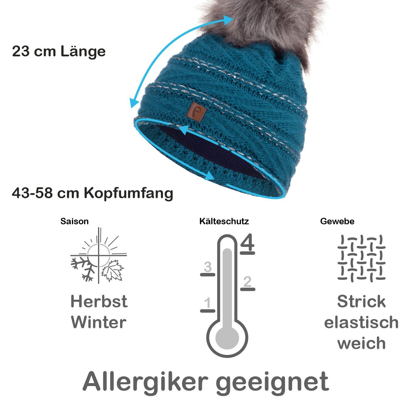 gefüttert Mütze Faera Haube Wintermütze Winter petrol Damen Pailletten Strickmütze Bommelmütze