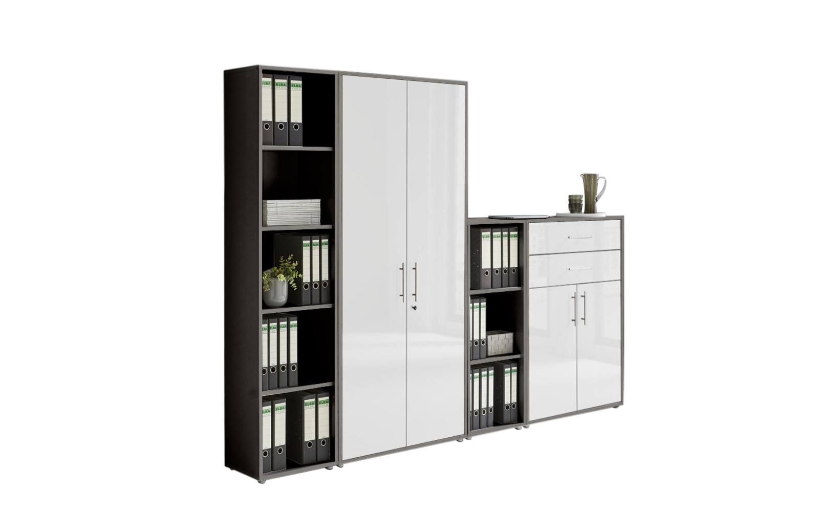 BMG Möbel Aktenschrank Office Edition (Set 22, Büroschrank abschließbar mit Metallgriffen, 4 teilig) 2x Regal, 1x großer Aktenschrank, 1x Schubkastenschrank