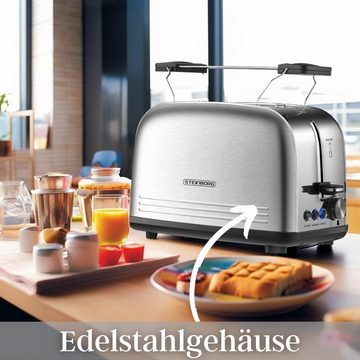 STEINBORG Toaster SB-2071, 2 kurze Schlitze, für 2 Scheiben, 850 W, Edelstahl Gehäuse,Brötchenaufsatz,Krümelschublade