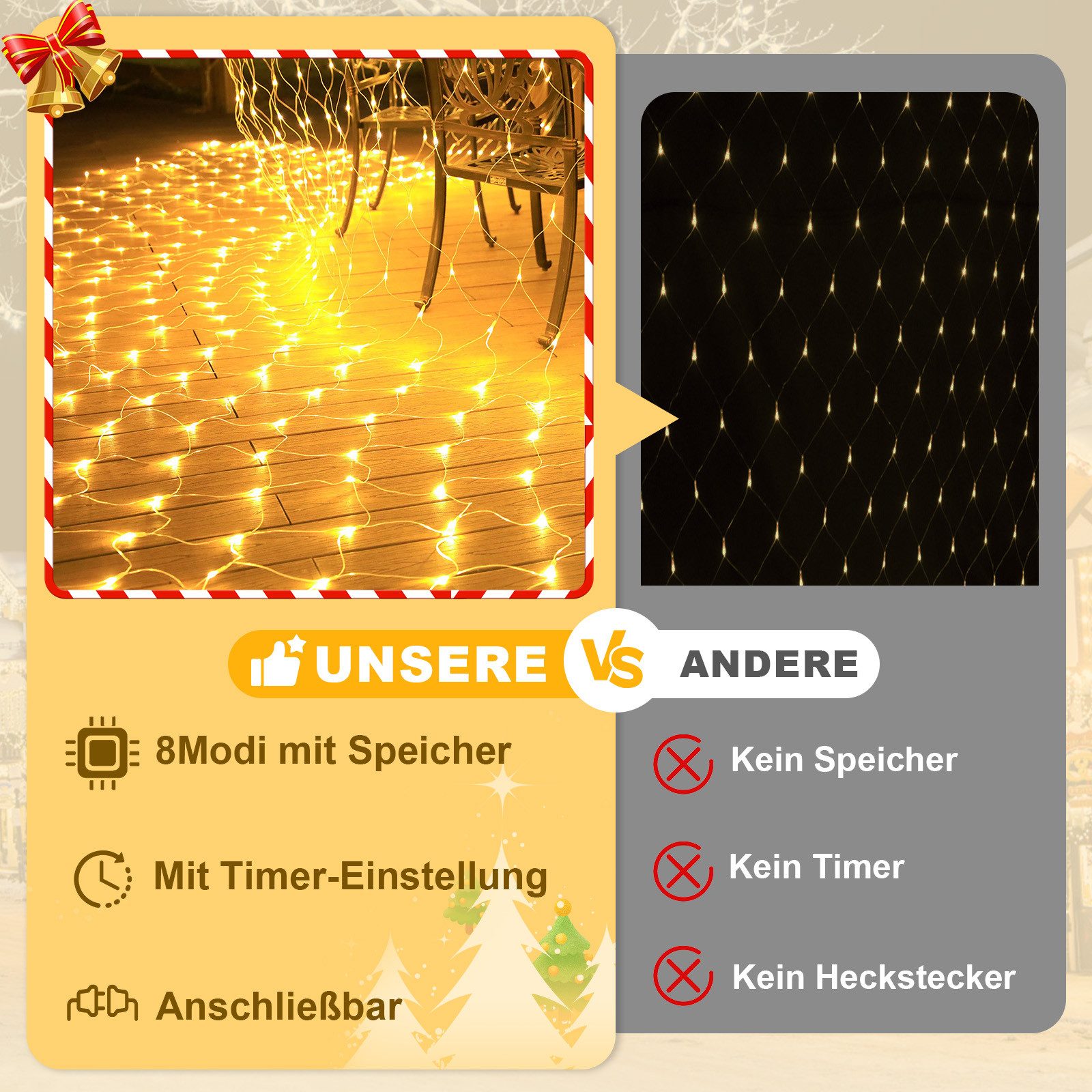 Rosnek LED-Lichternetz 31V, 8 Modi, Lichterkette Außen, Timer, für Weihnach günstig online kaufen