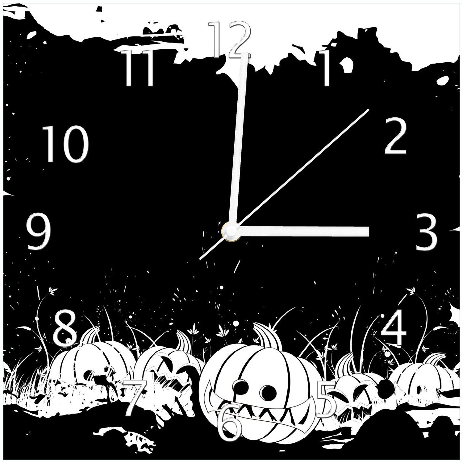 Wallario Wanduhr Halloween - Kürbisse und Fledermäuse in schwarz-weiß, Comic Stil (Glasuhr)