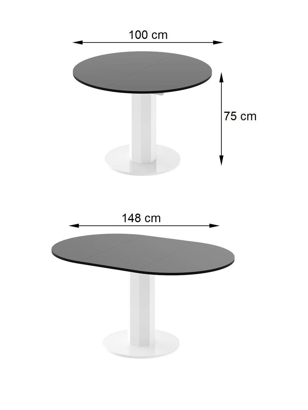 designimpex Hochglanz 100-148cm Tisch oval HES-111 Esstisch rund Schwarz Marmor dunkel ausziehbar Design - Esstisch Hochglanz