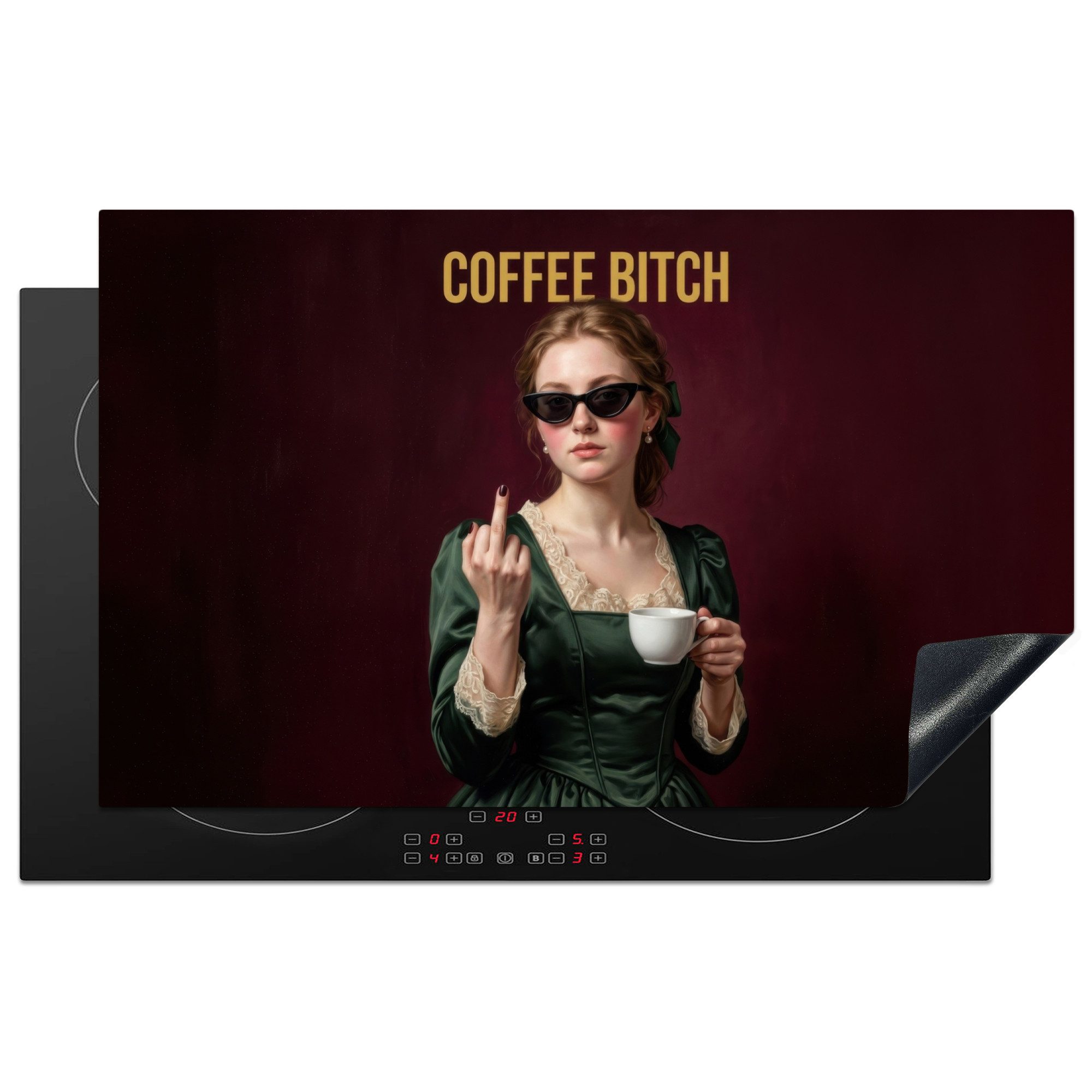 MuchoWow Herd-Abdeckplatte Kaffee - Frau - Mittelfinger, Vinyl, (1 tlg), Induktion Schutzmatte, Induktionsherd Abdeckung, 85x52 cm