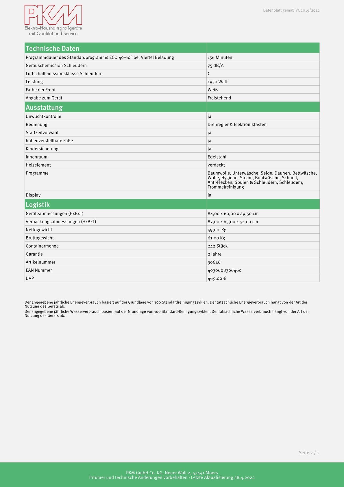 PKM Waschmaschine WA6-ES1510, 1000 U/min, Programme: Unterwäsche, Daunen, Bettwäsche, Wolle, Hygiene, Steam uvm