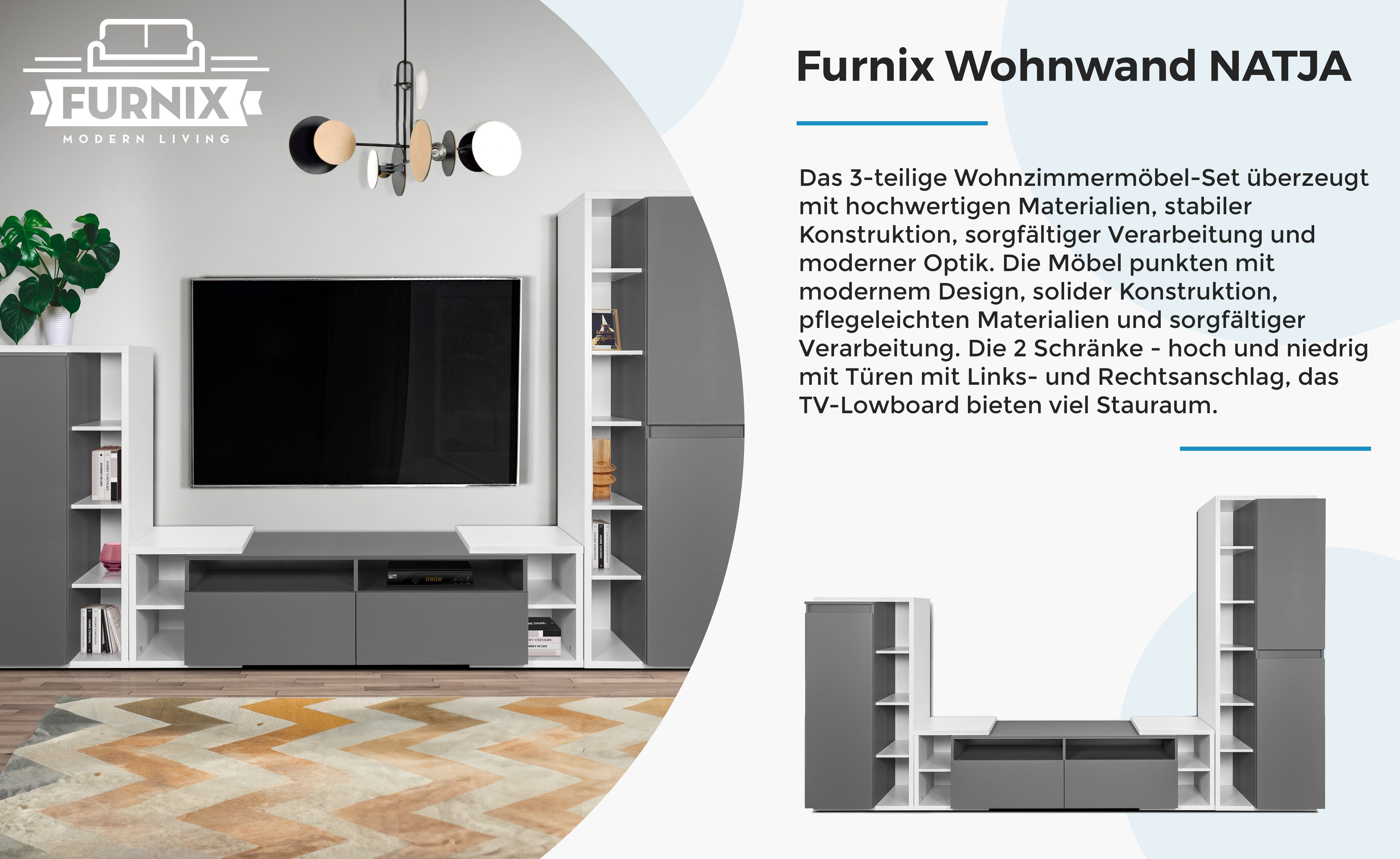 Furnix Wohnwand NATJA Mediawand 3-teilg Hellgrau/Anthrazit, Highboard, mit Hochschrank, Gesamt TV-Board, 306 breit cm