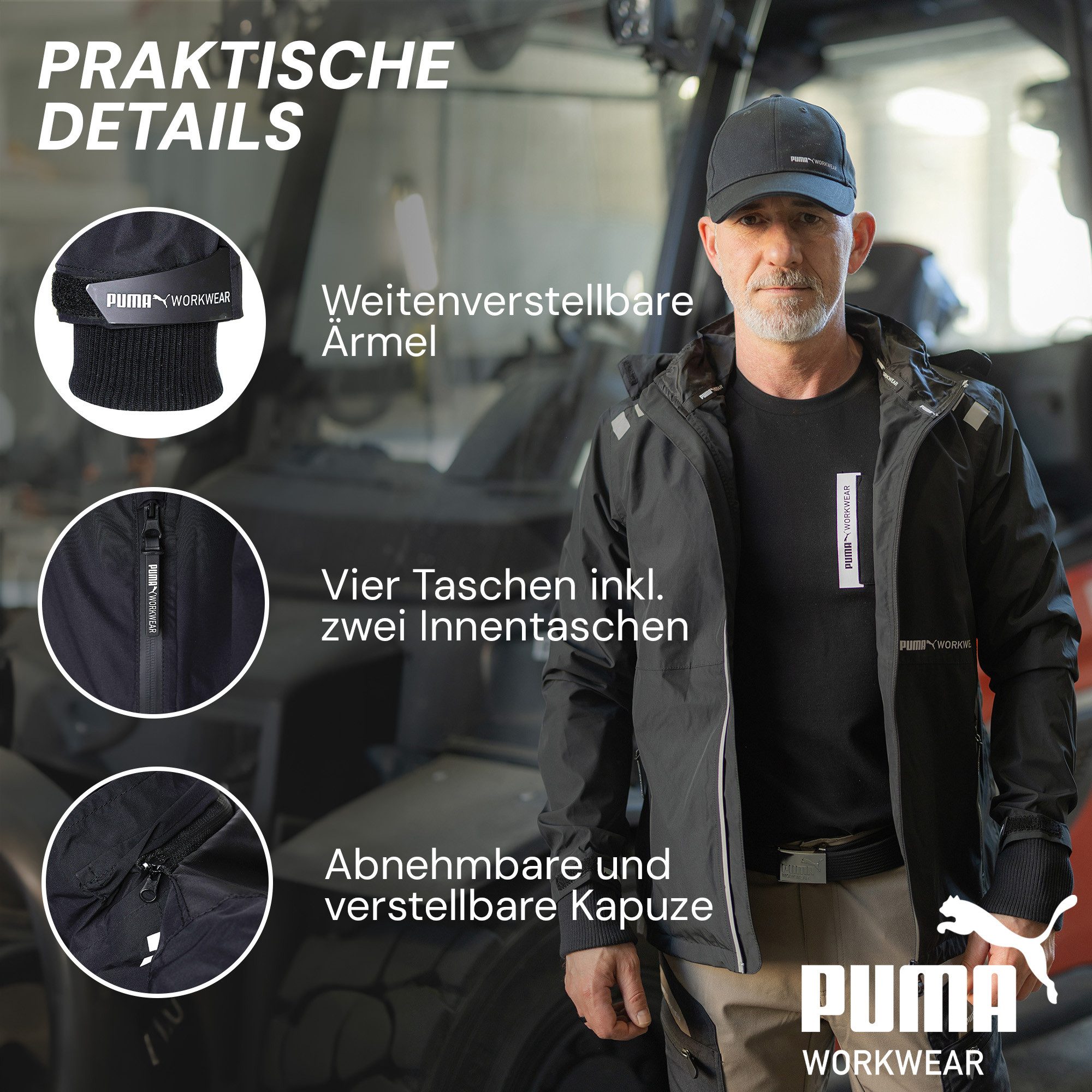 PUMA Workwear Regenjacke Herren - Wasserdicht - Leichter Windbreaker Fahrradjacke mit Kapuze Robuste und Atmungsaktive Arbeitsjacke für Handwerk & Bauarbeit