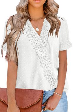 B.X Chiffonbluse Chiffon-Shirt mit V-Ausschnitt und kurzen Ärmeln für den Sommer Einfarbiges Damen-Jacquardhemd mit Laternen-Puffärmeln