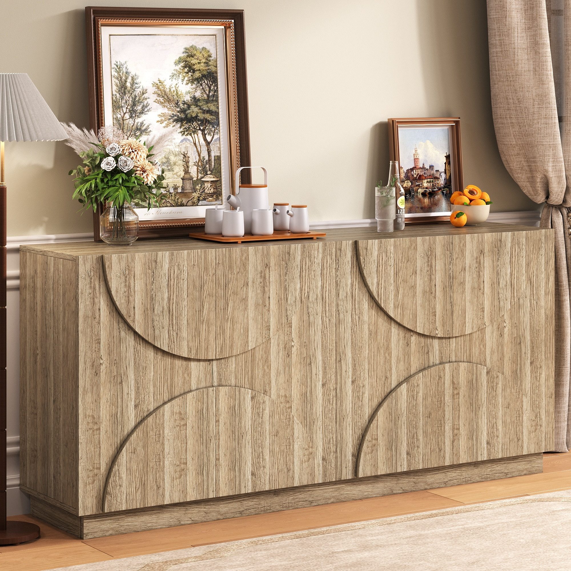 Merax Sideboard mit 4 Türen und flexiblen Einlegeböden (1 St., Anrichte mit Rebounder), Aufbewahrungsschrank Kommode in natürlicher Holzmaserung, 160x40x80cm – Bild 3 von 5
