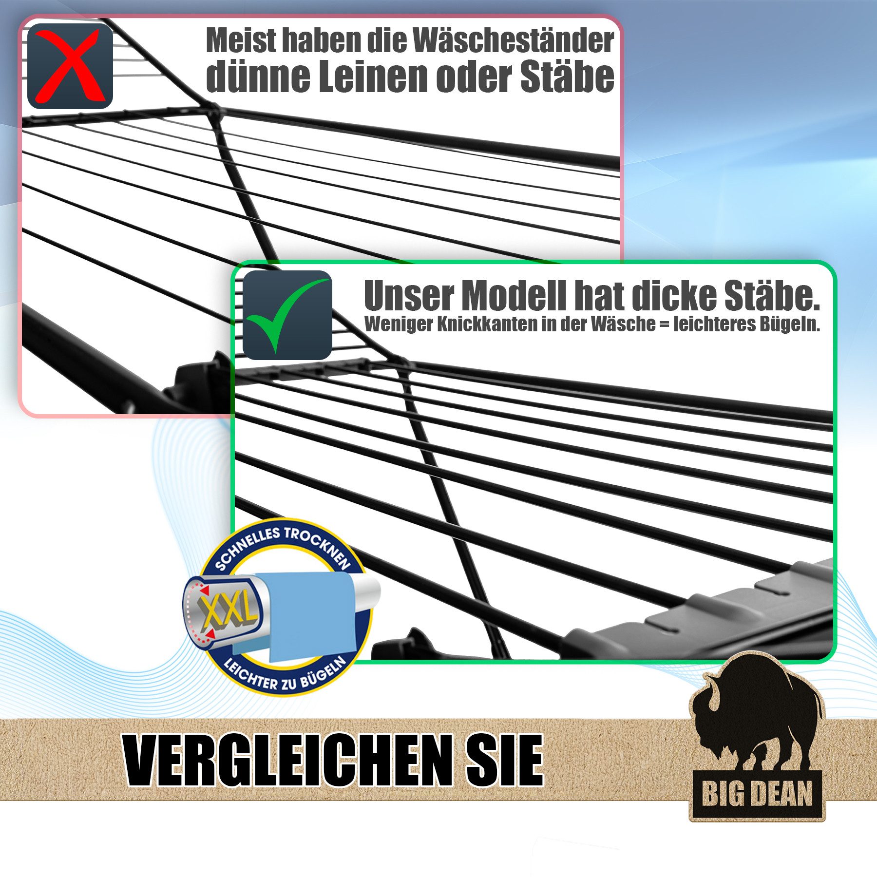 BigDean Wäscheständer 200 cm = 20m extra-hoch + dicke Leinen für einfacheres Bügeln, Extra dicke Leinen, hohe Seitenflügel, inkl. Kleinteilhalter