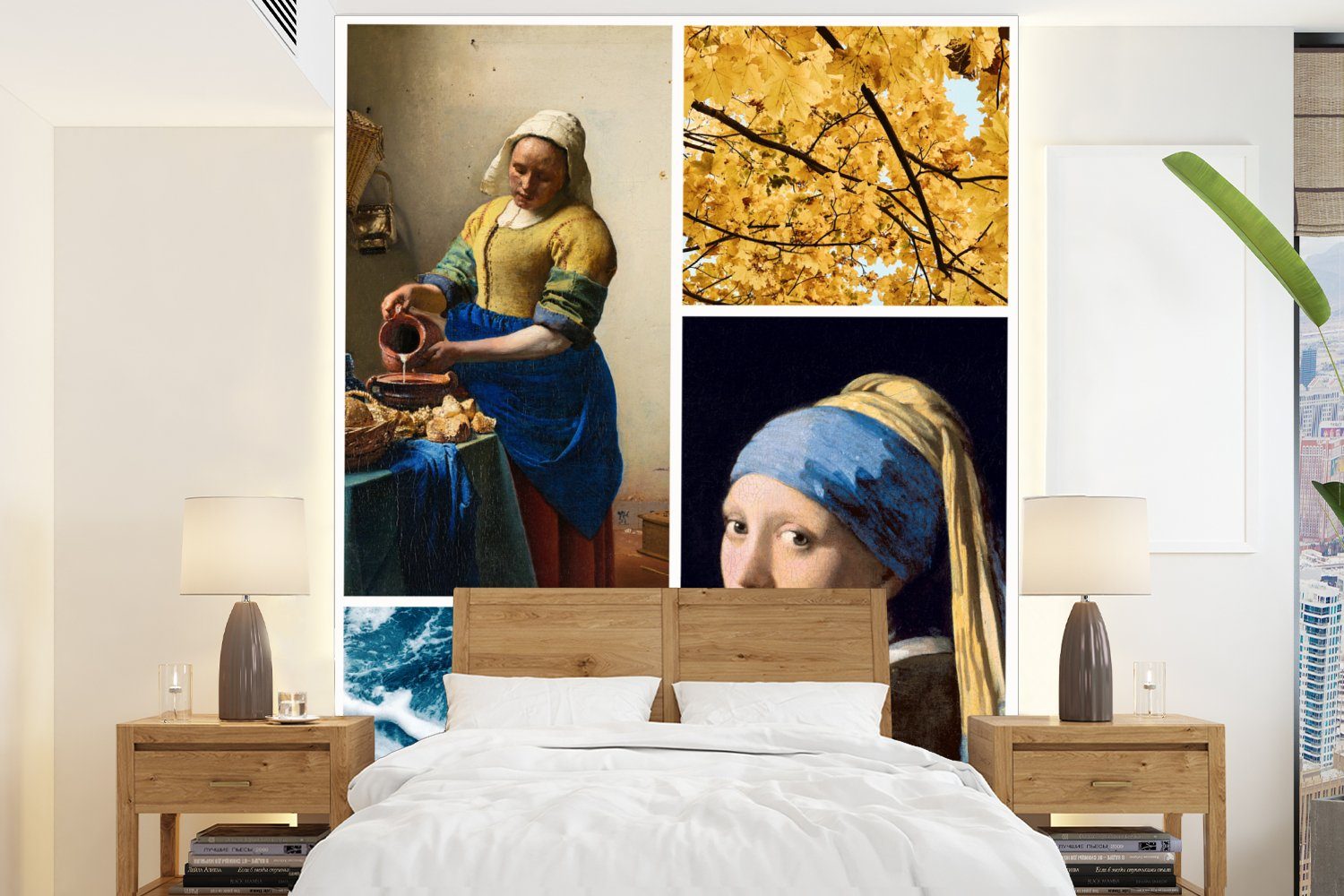 St), Matt, - MuchoWow Montagefertig - Vinyl Tapete mit Wandtapete bedruckt, für Wohnzimmer, Milchmädchen Mädchen Perlenohrring, Vermeer (4 Fototapete - Collage