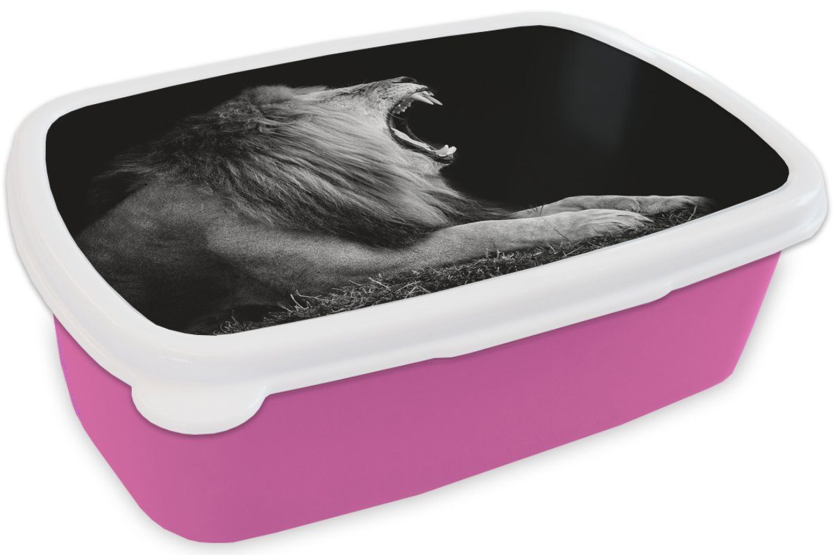 Lunchbox - - Löwe (2-tlg), Kunststoff MuchoWow rosa Weiß Brotbox Tier, Snackbox, Kinder, für - Brotdose Kunststoff, Schwarz Erwachsene, Mädchen,