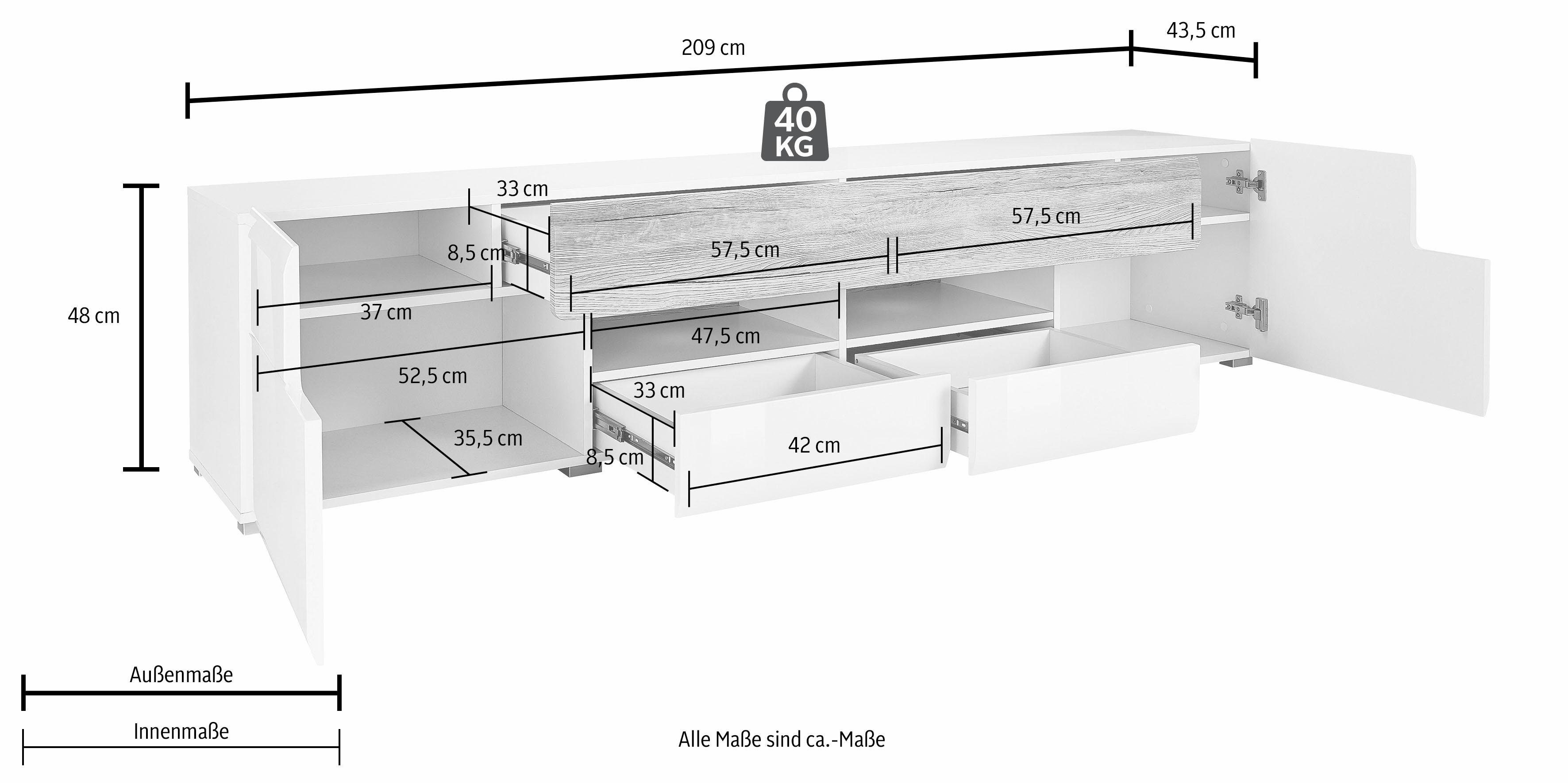 OTTO home Lowboard Toledo,Breite 209cm, trendige TV-Schrank mit dekorative Fräsungen, TV-Board ohne Beleuchtung, TV-Kommode mit viel Stauraum