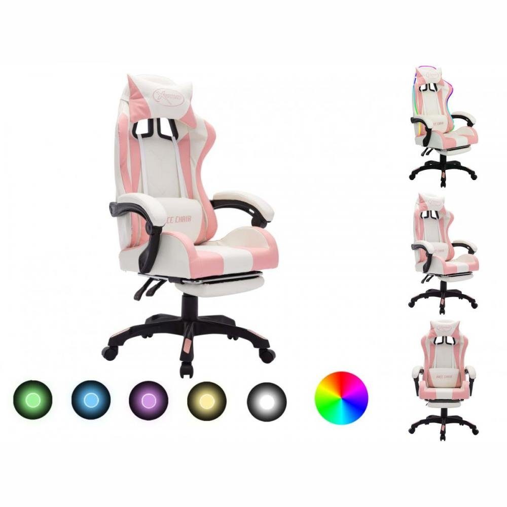 vidaXL Bürostuhl RGB mit Gaming-Stuhl und LED-Leuchten Weiß Rosa Kunstleder