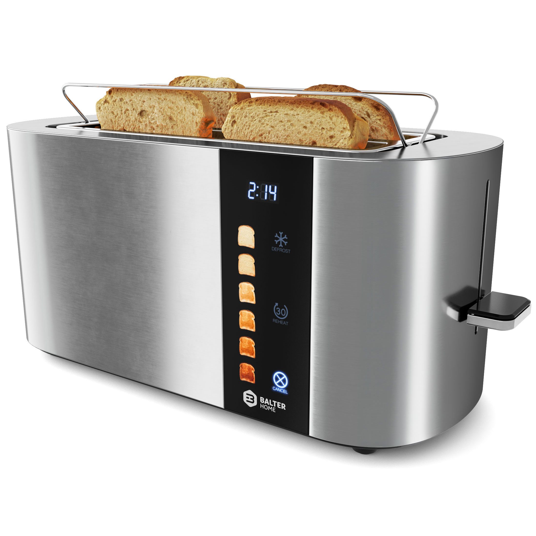 Balter Тостеры 4 Scheiben, Langschlitz, Edelstahl, Brötchenaufsatz, TS-34, Langschlitz, für Sandwichtoast, 1500 W, Touch Screen, 2 lange Schlitze für 4 Scheiben, 1500 W, Brötchenaufsatz