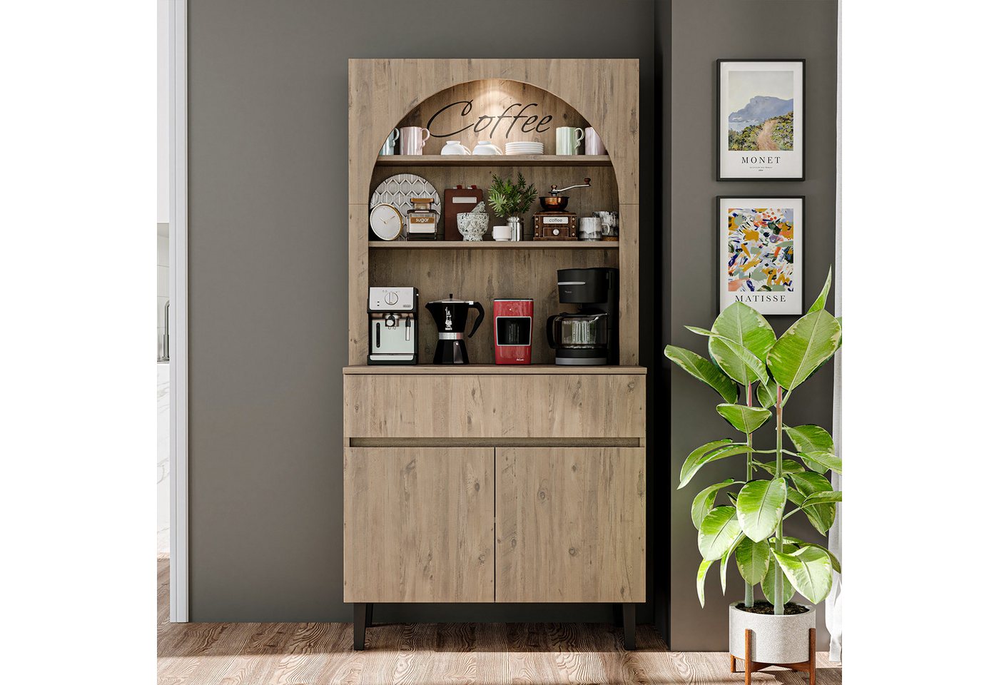 Roomart Küchenregal VENEDIK Küchenschrank 90 cm, Buffet, Schublade in 4 Farben, mit Beleuchtung, offene Nische, Schublade, Einlegeböden in 4 Farben