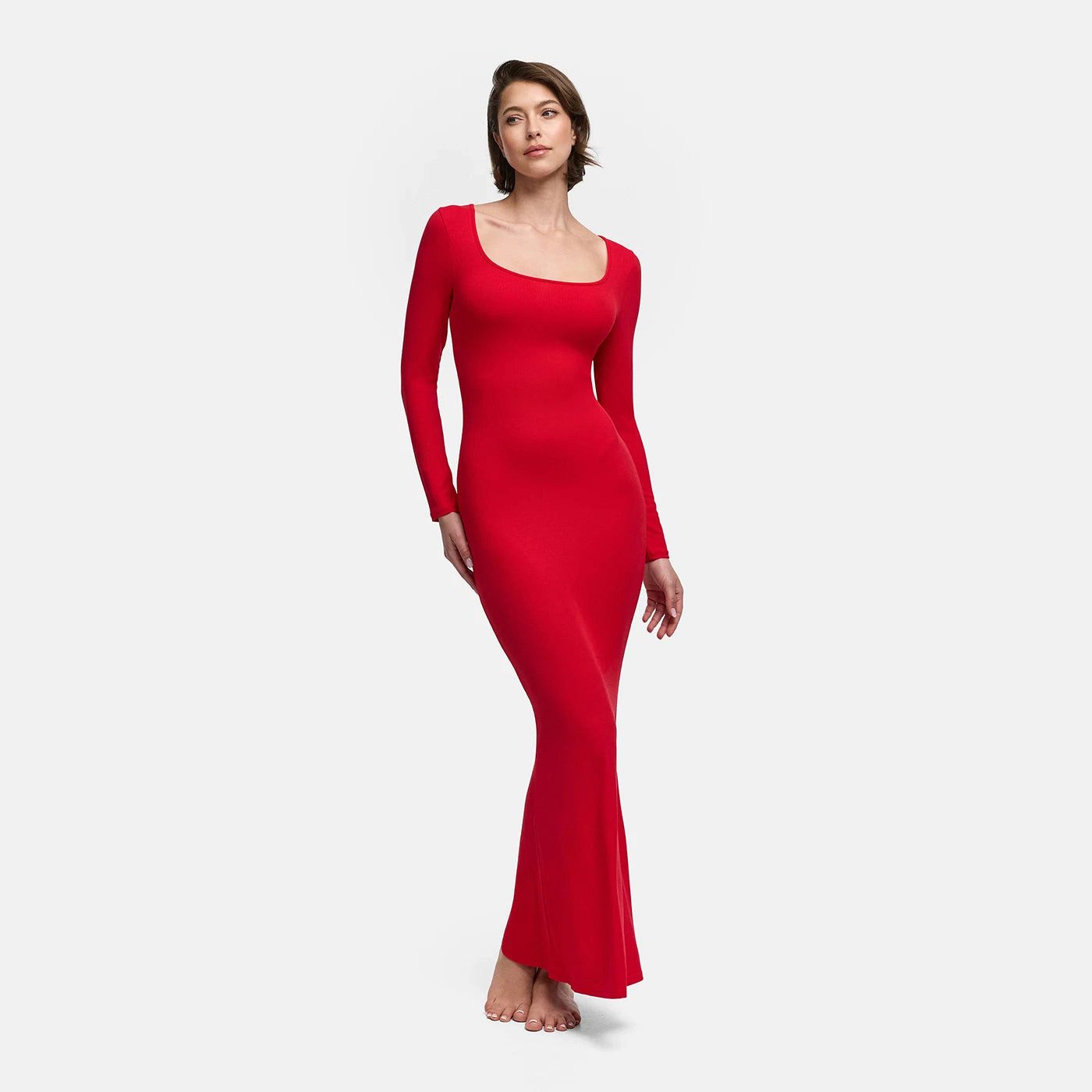 cfab (creamy fabrics) Jerseykleid Ribbed Long Sleeve Maxikleid-Fire Red-L (1-tlg)