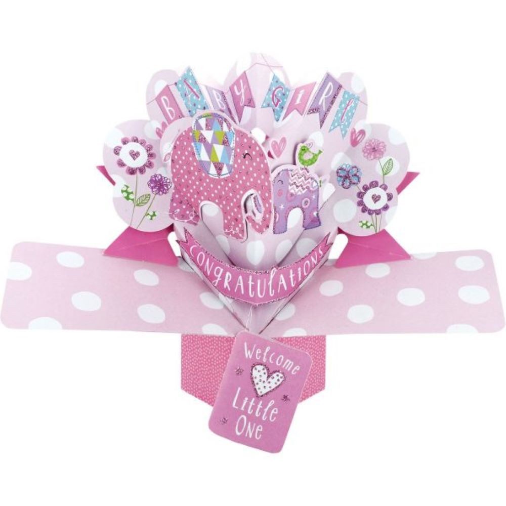 Grußkarten Grußkarte PopUp 'Baby Girl' Elefanten Babyparty De