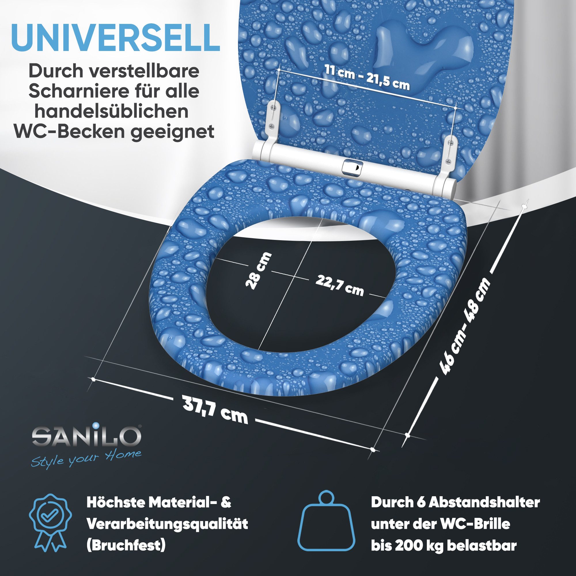 Sanilo WC-Sitz Tautropfen Blau mit Absenkautomatik & Quick Release, hochwertig, abnehmbar, leichte Montage von oben, mit Schraubenzieher – Bild 4 von 5
