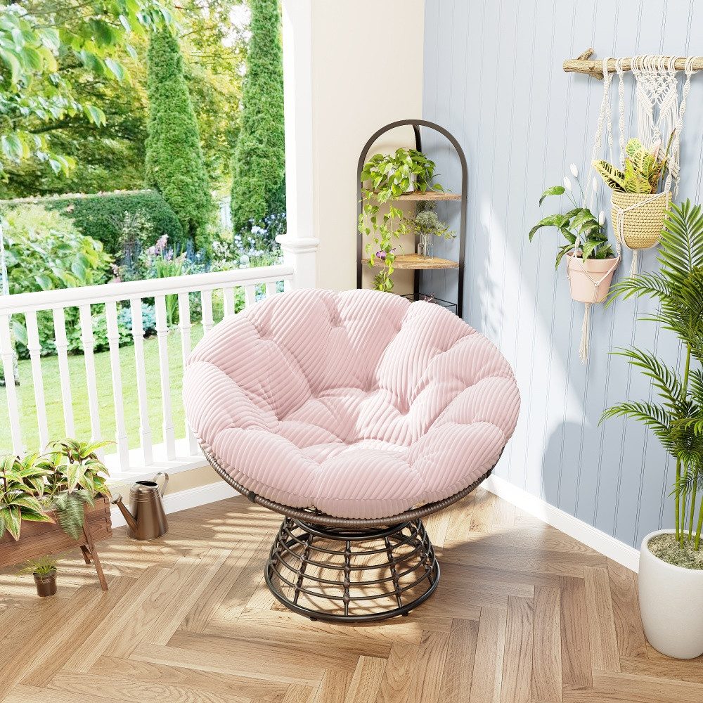 CHICFURN Loungesessel Papasan-Sessel in Rattan-Optik, 360° drehbar mit Polster (Packung, 1-St., Für Wohn-, Schlaf- und Lesezimmer sowie Innen- & Außenbereich), Braunes Gestell mit pinkem Polster