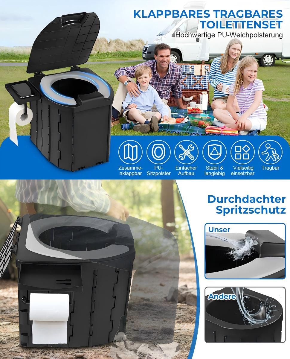 QUBEBU Campingtoilette Mobile Campingtoilette Faltbar, mit Toilettenpapierhalter, Deckel, (Reise-Toilette, faltbar und leicht zu reinigen, Lieferumfang: 1x Faltbare Toilette,1x Tragetasche, 10x Plastiktüten)