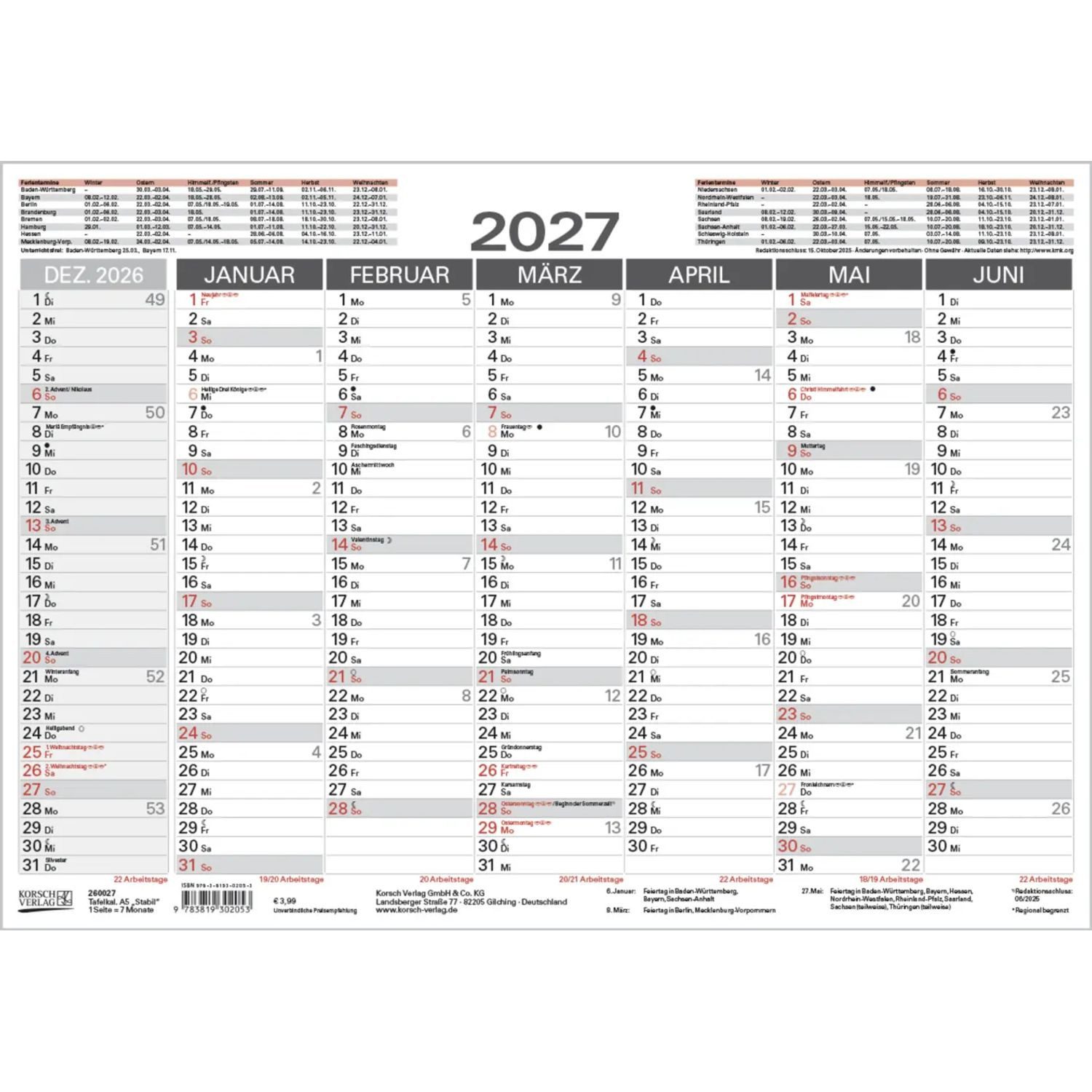 Korsch Verlag Wandkalender Tafelkalender A5 "Stabil" 2027