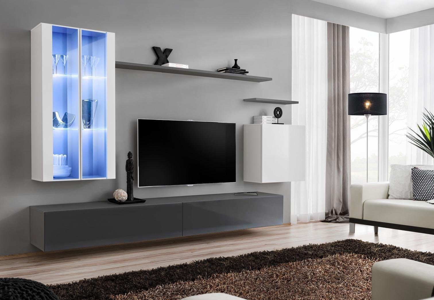 Holzmöbel 1x TV (8-St., Wohnzimmer-Set + in Europa Stil, Luxus + 2x 2x Wandregal), Wohnwand Möbel Made Grau JVmoebel 3x Wandschrank + Designer Ständer Wohnzimmermöbel