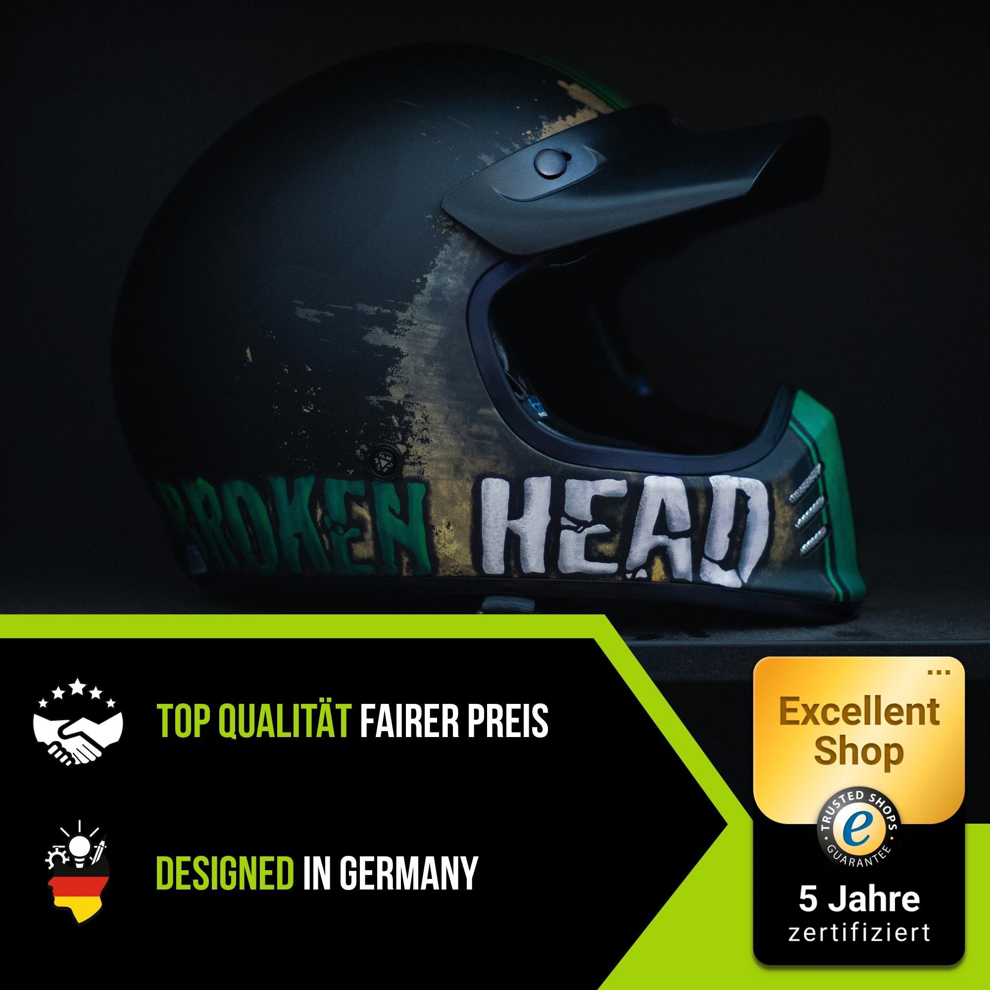 Broken Head Motocrosshelm Rusty Rider Grün, Old-School Optik