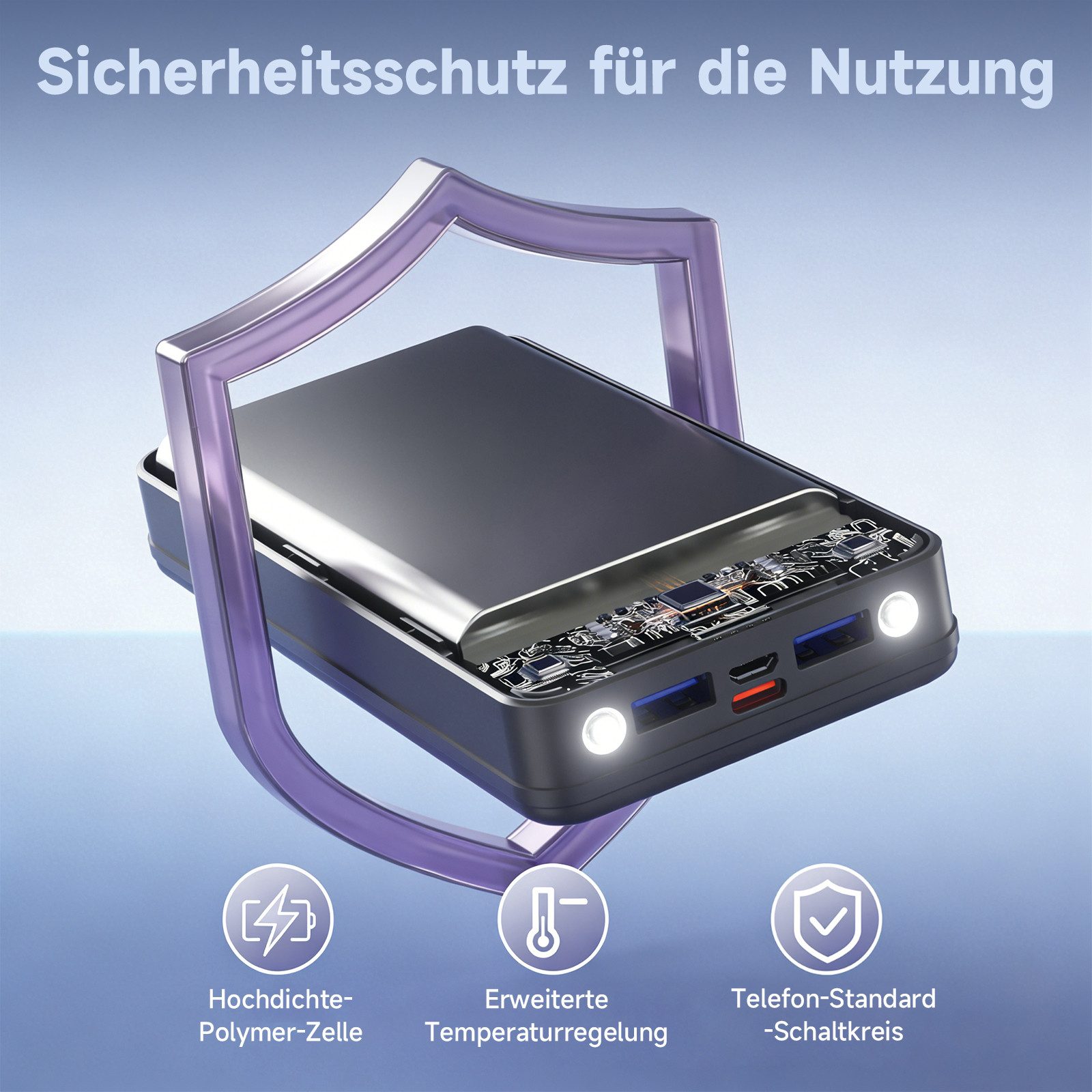 Pdgrid 24000 mAh Schnellladen mit Taschenlampe Externer Powerbank 4 Ausgänge: 2x USB-A, 1×Type-C, 1×Micro 24000 mAh, für iPhone 17/16/15, Samsung S26/S25/S22, X – Bild 4 von 5
