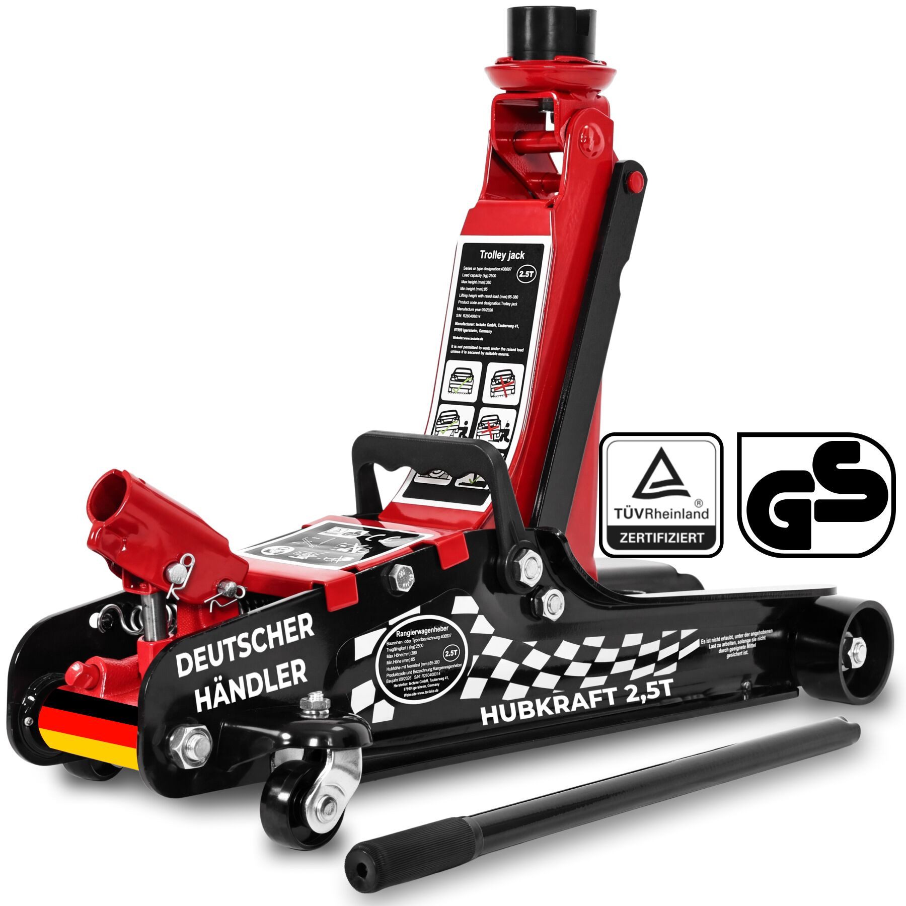 tectake Klappbock Hydraulischer Wagenheber 2,5 t, TÜV-geprüft, 85-410 mm, (Auto Wagenheber Hydraulisch Jack, in Schwarz/rot), mit Gummiauflage, Tragegriff und 360°-Lenkrollen