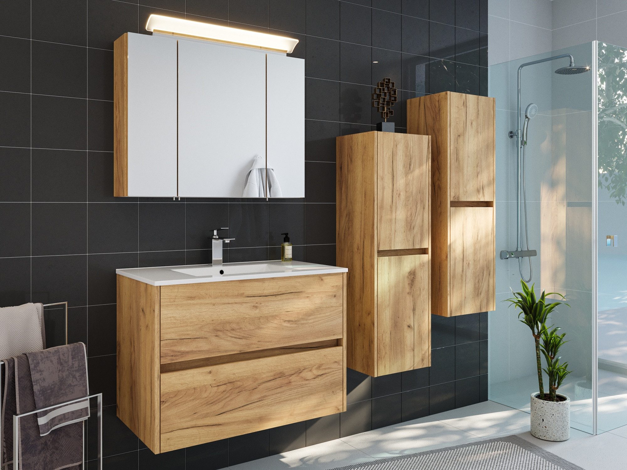 Magnolia Home Badmöbel-Set Badmöbelset Taifun 80cm 4tlg mit Spiegelschrank & 2x Seitenschrank eic