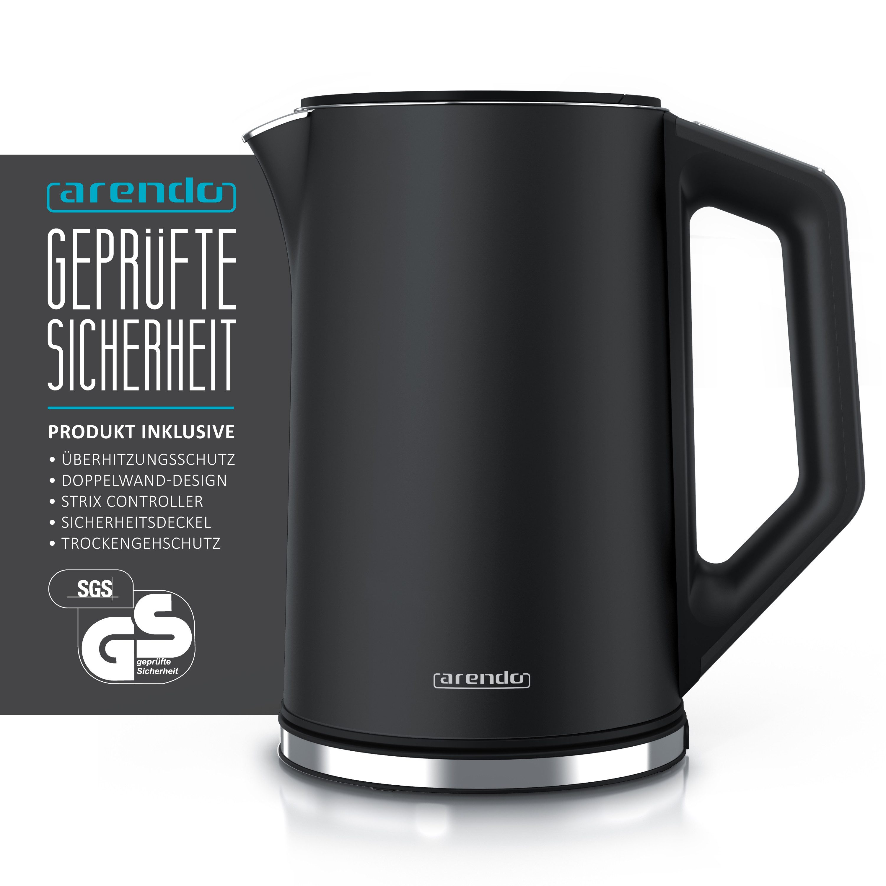 Arendo Wasserkocher aus Edelstahl, Temperatureinstellung 40°–100°C mit Anzeige, Doppelwand, 1,5 l, 2200 W, Teekocher mit Temperaturanzeige, in 5 °C-Schritten einstellbar