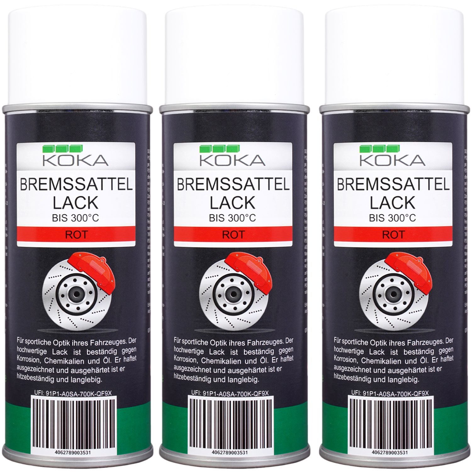 KOKA Sprühlack 3x Set Bremssattellack Rot Thermolack, DIY Spray Hitzebeständig 300°C Bremsen Auto Tuning Bremssattelfarbe