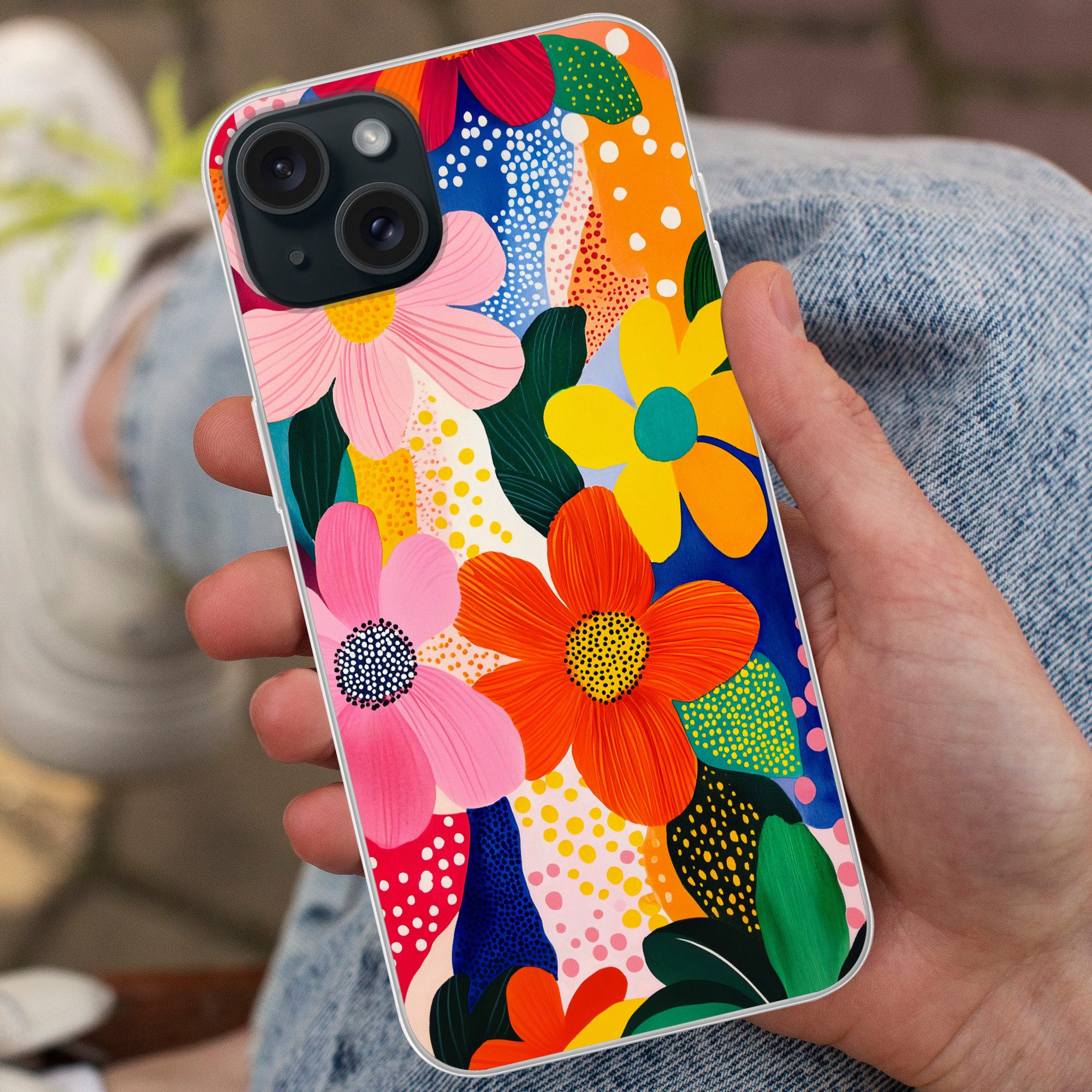 MuchoWow Handyhülle für Apple iPhone 15 Plus Blumen - Bunt - Tupfen, Smartphone-Bumper, Print, Handy Schutzhülle Dünn