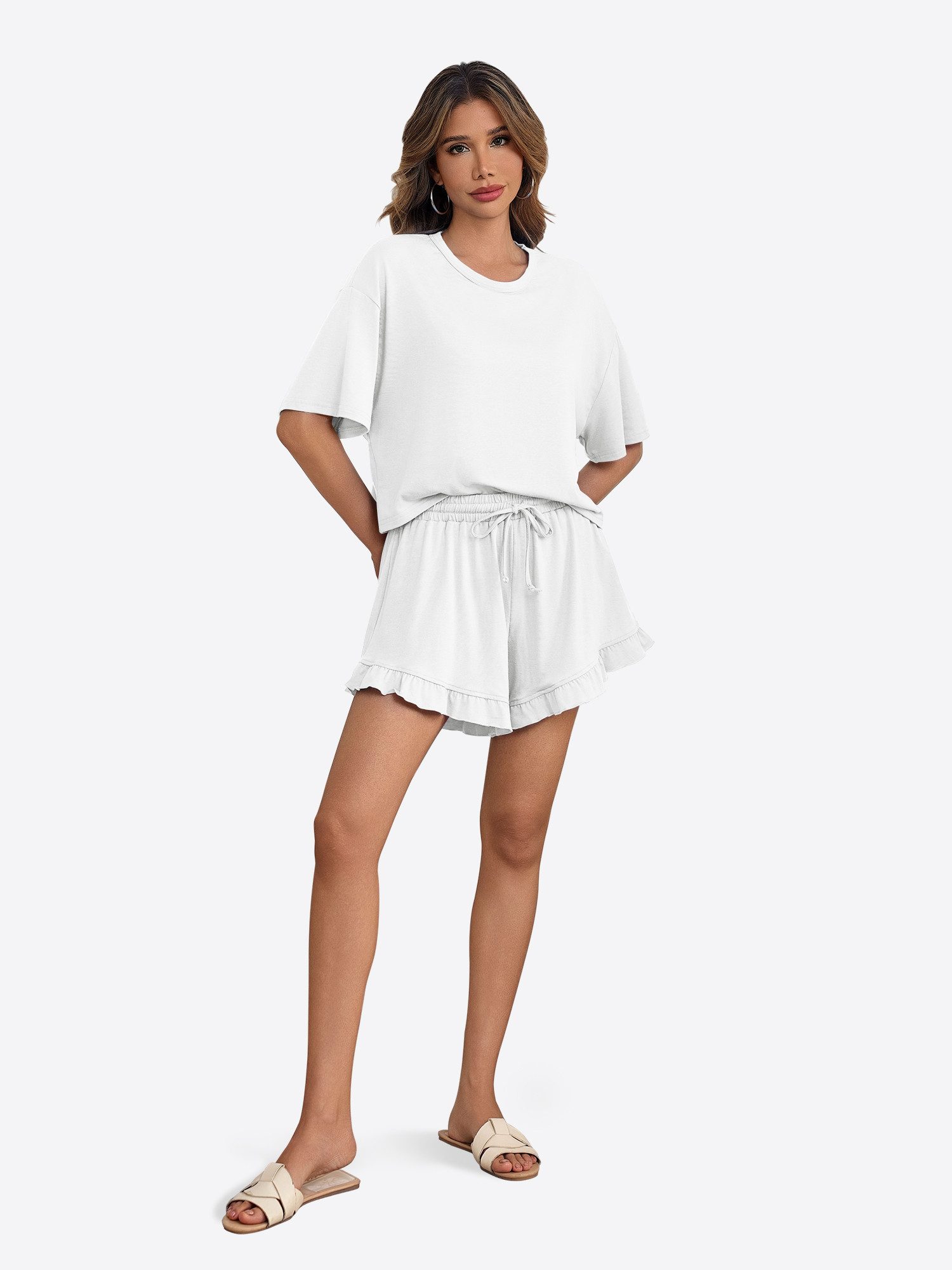 Imily Bela Hausanzug Damen Weich & Atmungsaktiv Pyjama Set 2-teilig (Set, 2 tlg., Hausanzug mit Crop-Top & Rüschen-Shorts) elastischer Taillenbund mit Kordelzug