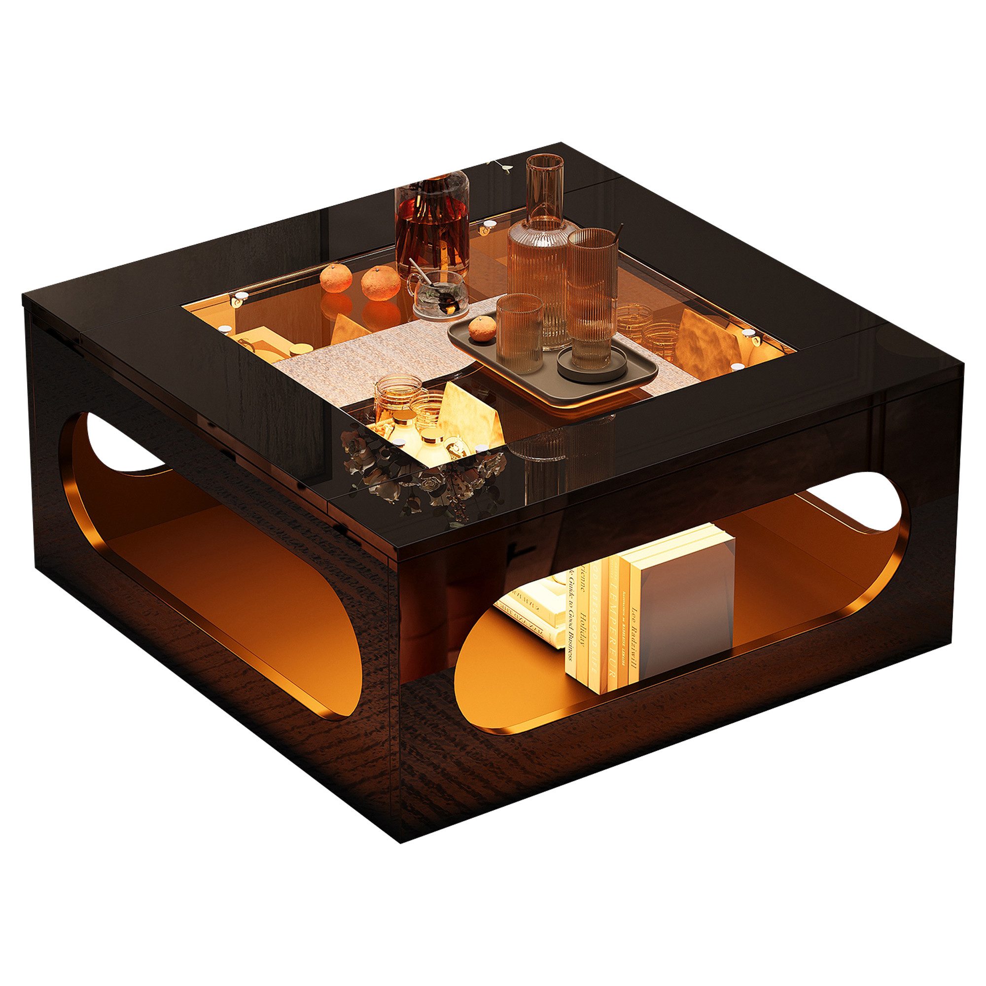 Merax Couchtisch hochglanz Sofatisch Beistelltisch mit LED-Beleuchtung inkl.APP (1-St), Wohnzimmertisch mit gehärtetem Glas und hohlem Stauraum, 70x70x35cm