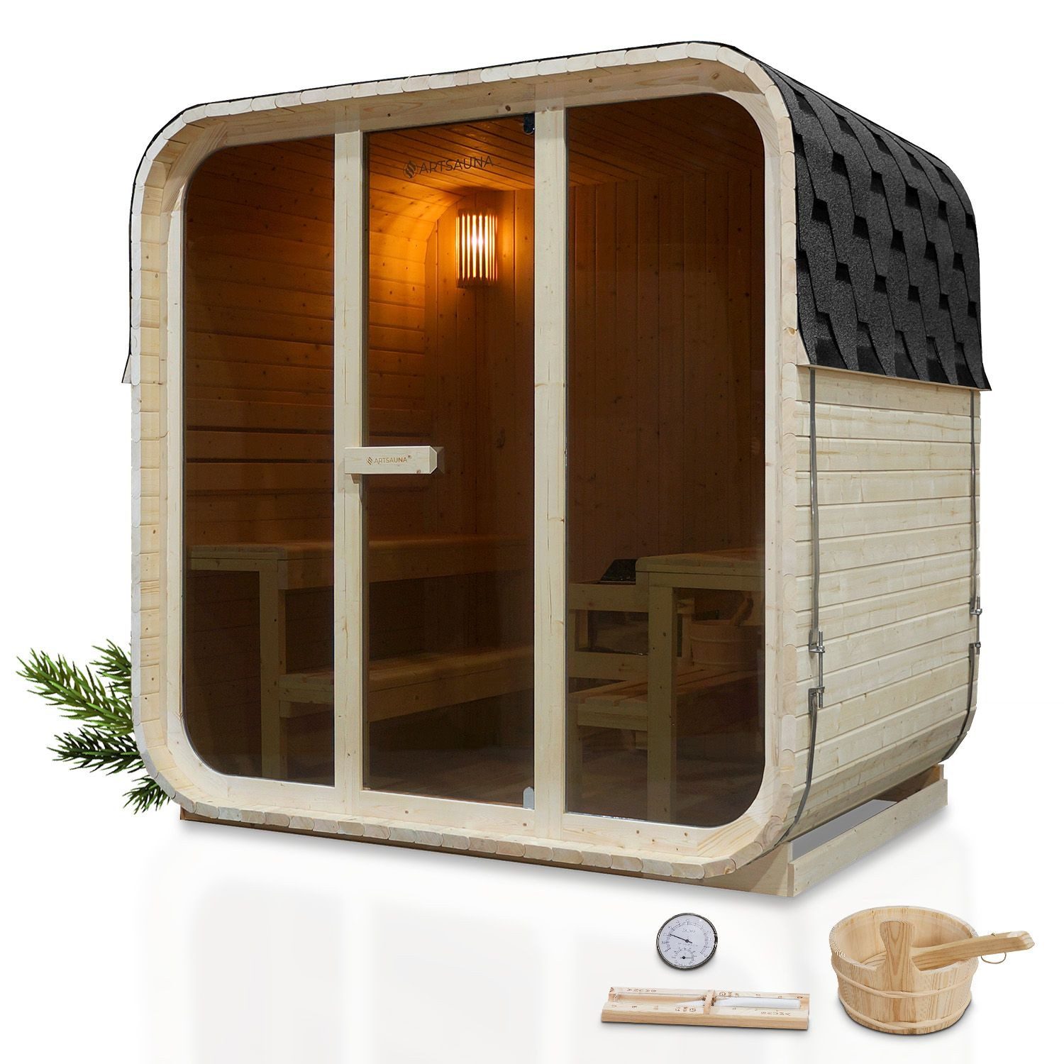 Artsauna Fasssauna Fjora, 38 mm, Fichte, 9 kW Ofen bis 100 °C, Glasfront, bis 6 Personen, Zubehör-Set